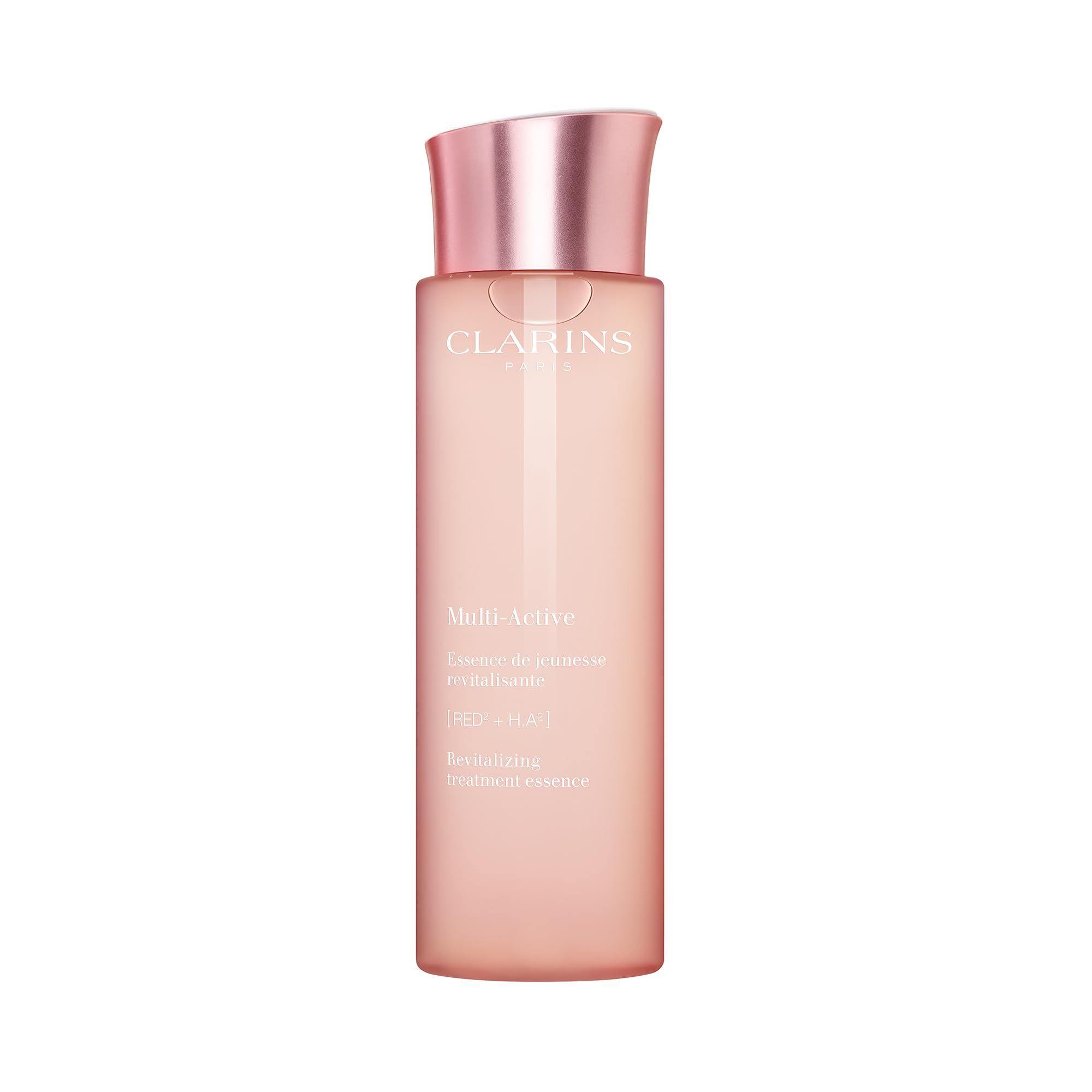 Rosa Flasche mit silbernem Deckel. Aufschrift: Clarins, Multi-Active, Essence de jeunesse revitalisante.