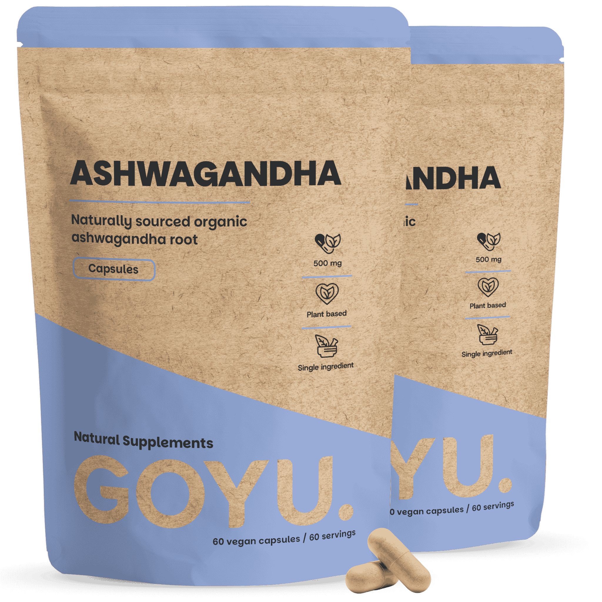 Zwei Packungen Ashwagandha-Kapseln von GOYU.YU. Natürliche Nahrungsergänzungsmittel, 60 vegane Kapseln pro Packung.