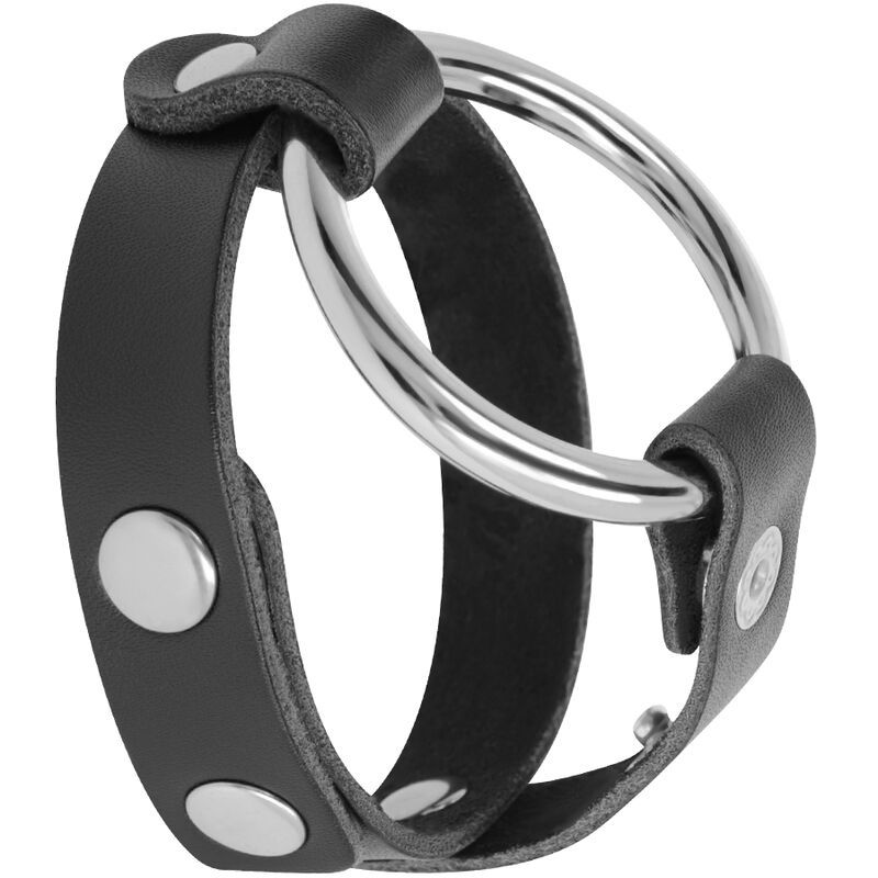 Schwarzer Penis- und Hodenring mit Metallring. Lederband mit Druckknöpfen. Der Ring ist aus Metall.