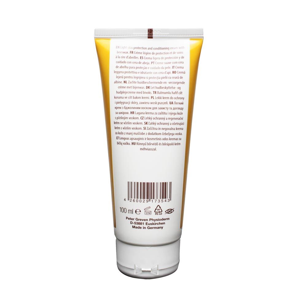 Rückseite der Creme-Tube LINDESA® Professional. Gelber Hintergrund mit Text in verschiedenen Sprachen. Barcode und Logo.
