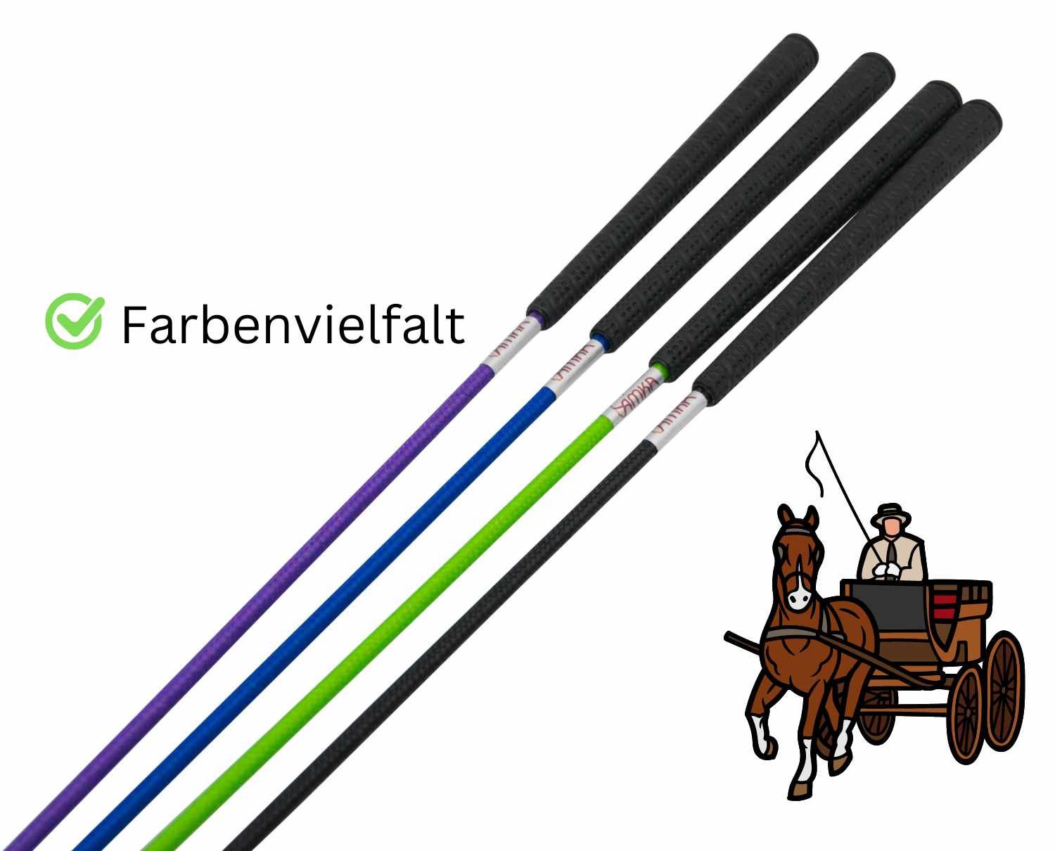 Vier AMKA Bogenpeitschen mit farbigen Schäften und schwarzen Griffen. Text: Farbenvielfalt. Illustration eines Pferdes mit Kutsche.