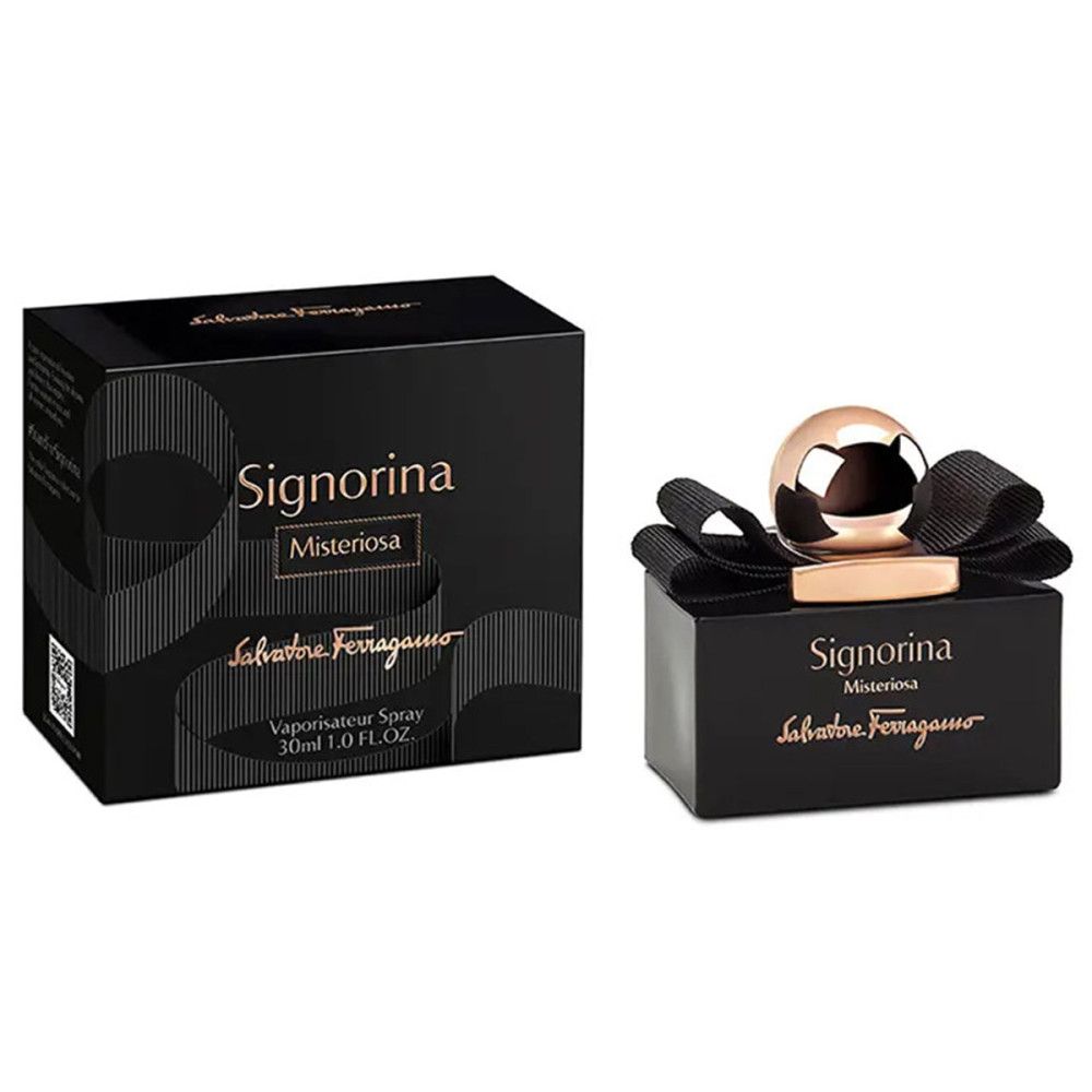 Schwarze Schachtel und Flakon. Aufschrift: Signorina Misteriosa, Salvatore Ferragamo. Flakon mit goldfarbenem Verschluss.