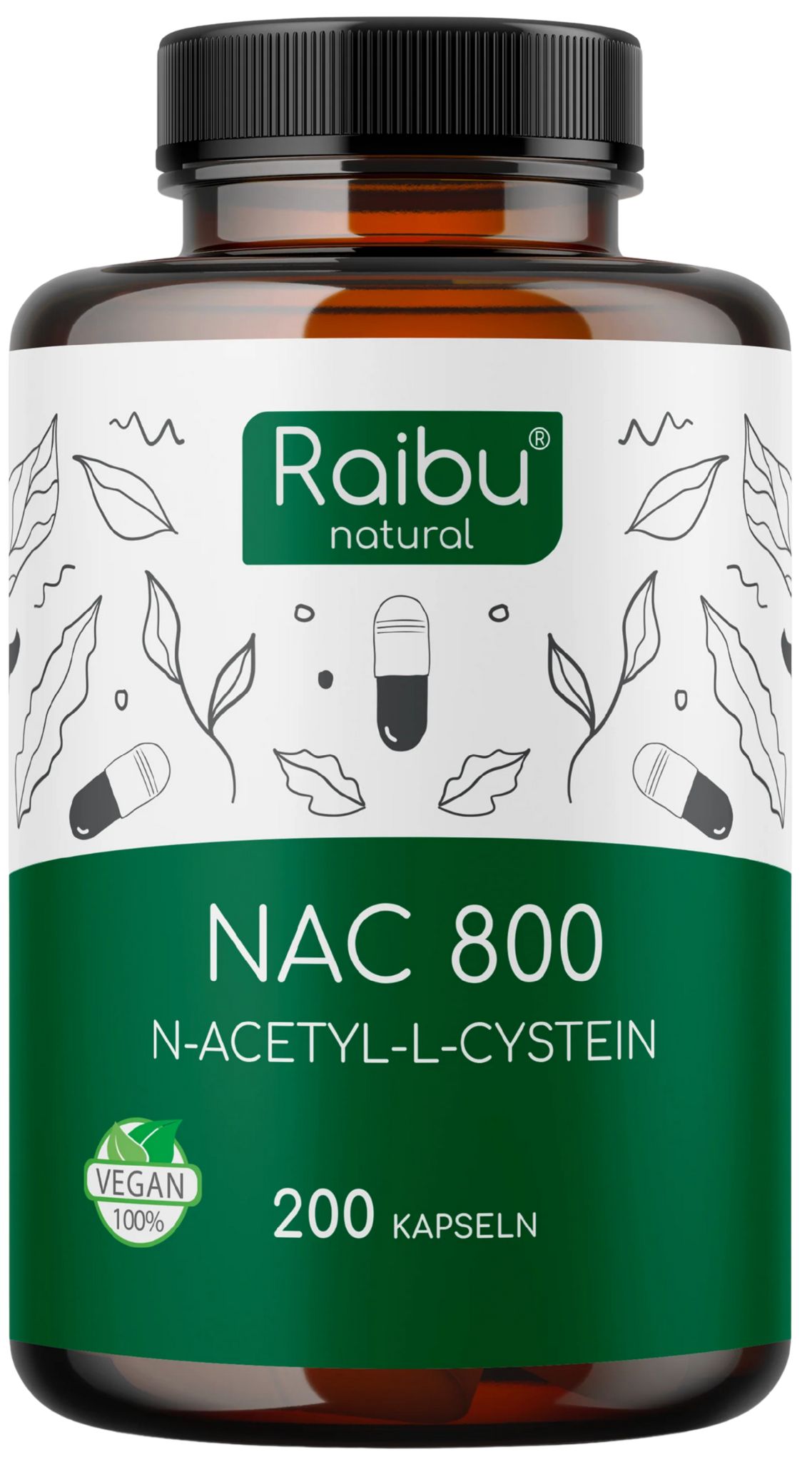Braune Flasche mit weißem Etikett. Aufschrift: Raibu natural, NAC 800, N-Acetyl-L-Cystein, 200 Kapseln. Vegan-Siegel.