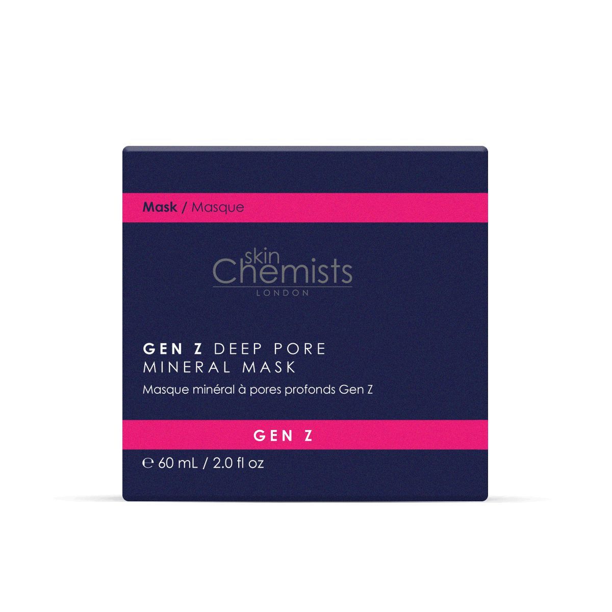 Schachtel mit Aufschrift: skinChemists, GEN Z DEEP PORE MINERAL MASK. Rosa Streifen. Text: 60 ml/2.0 fl oz.