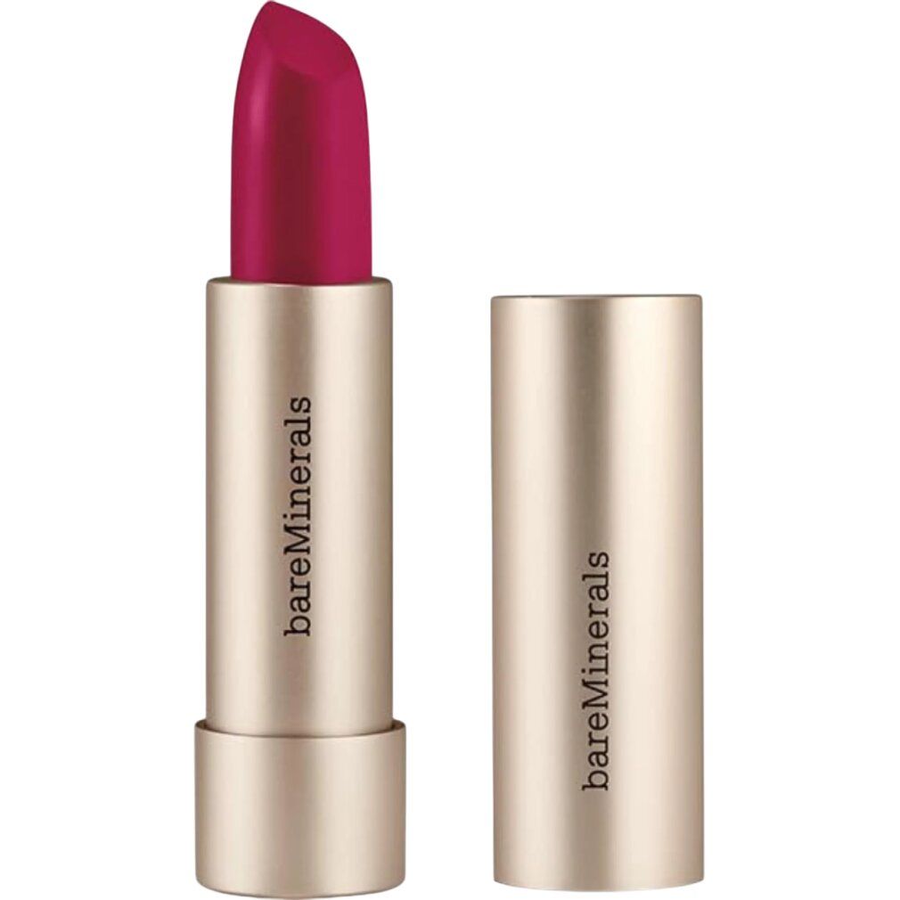 Offener Lippenstift in Goldhülse. Sichtbar: roter Lippenstift. Auf der Hülse steht 'bareMinerals'.