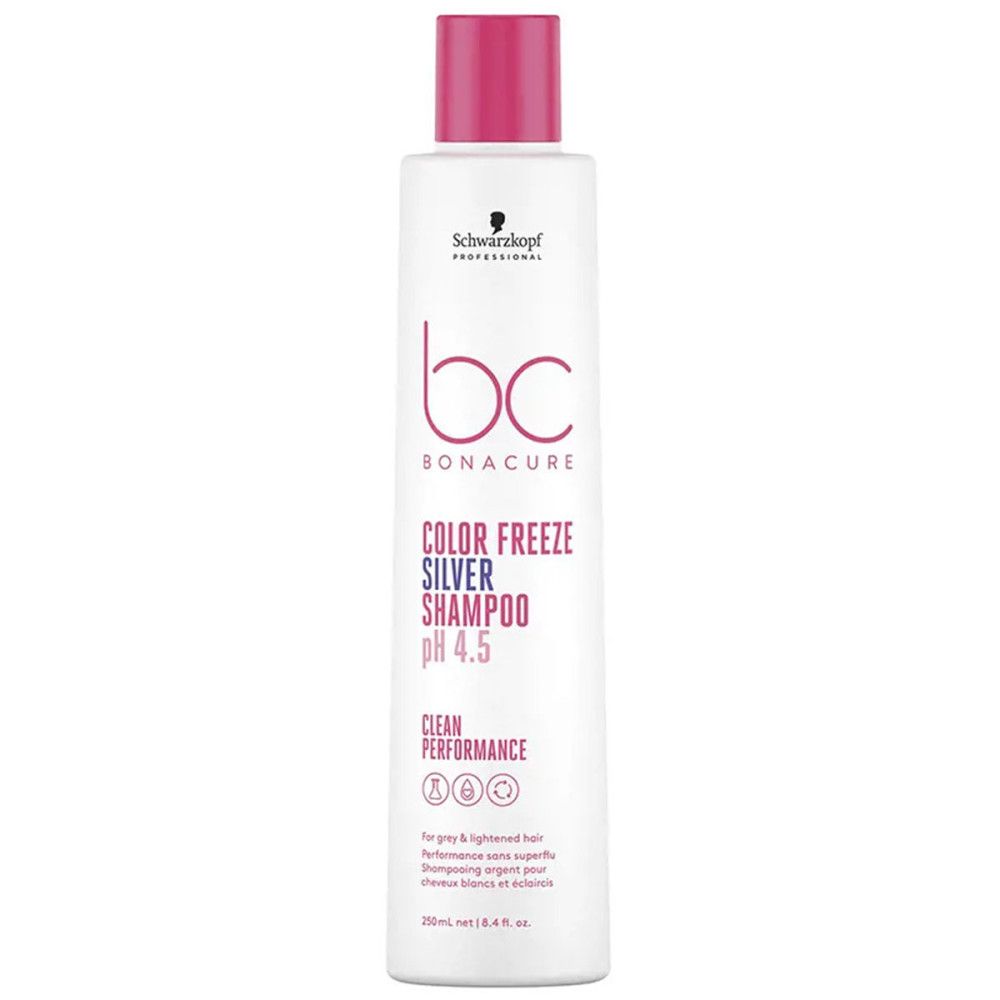 Weißes Shampoo mit pinkfarbenem Deckel. Aufschrift: Schwarzkopf, BC Bonacure Color Freeze Silver Shampoo pH 4.5.