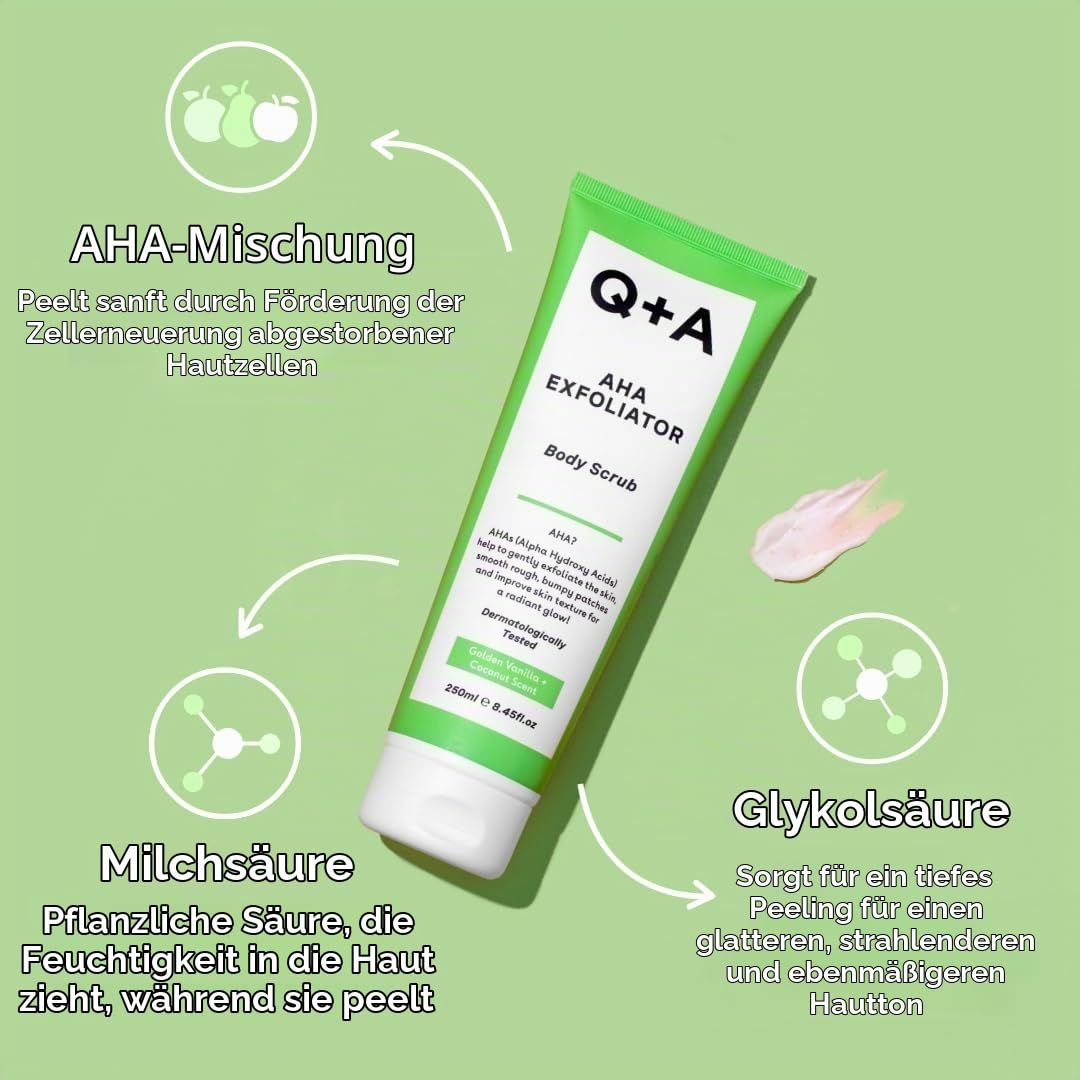 Q+A AHA Body Scrub in grüner Tube mit weißem Deckel. Enthält AHA-Mischung und Glykolsäure.