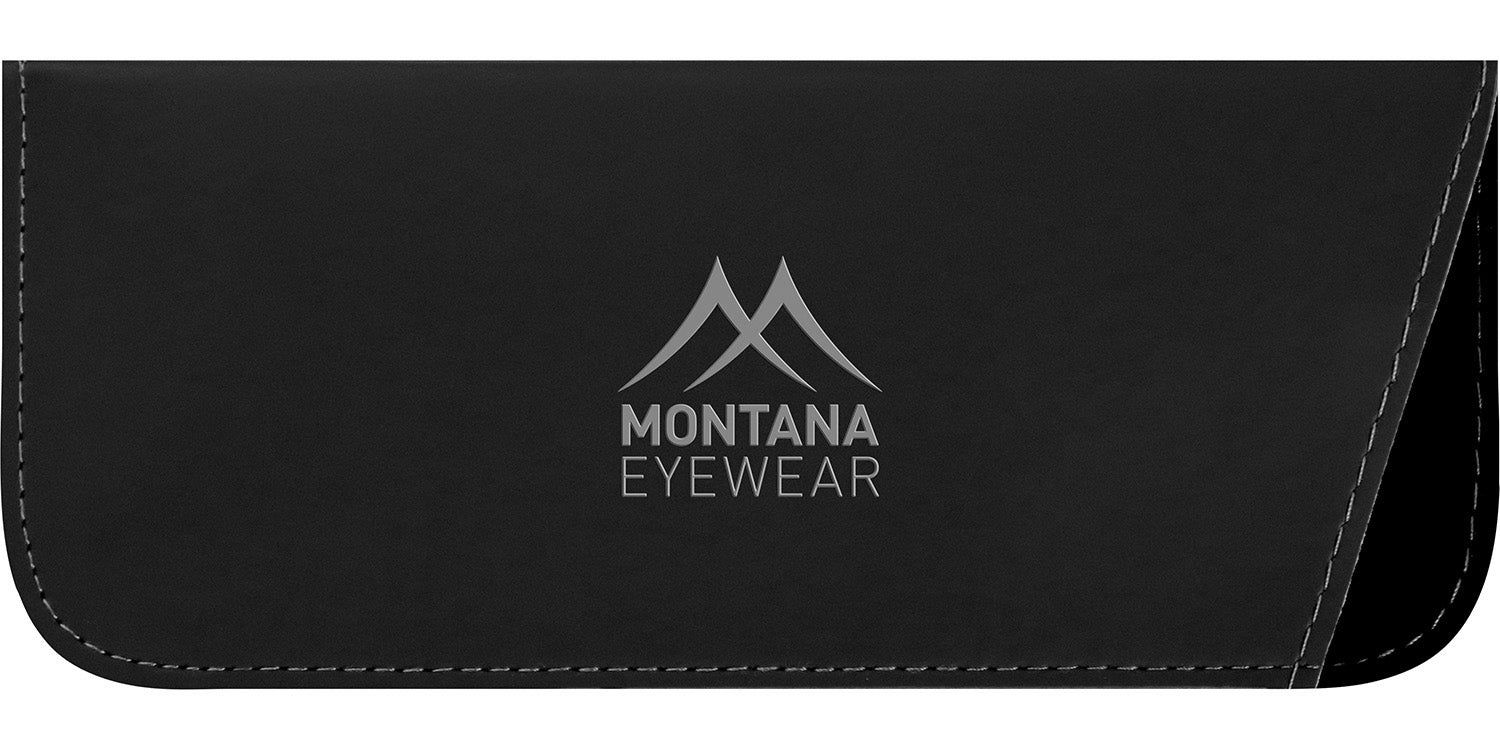 Schwarzes Brillenetui mit Logo 'MONTANA EYEWEAR'. Graue Nähte und Akzente.