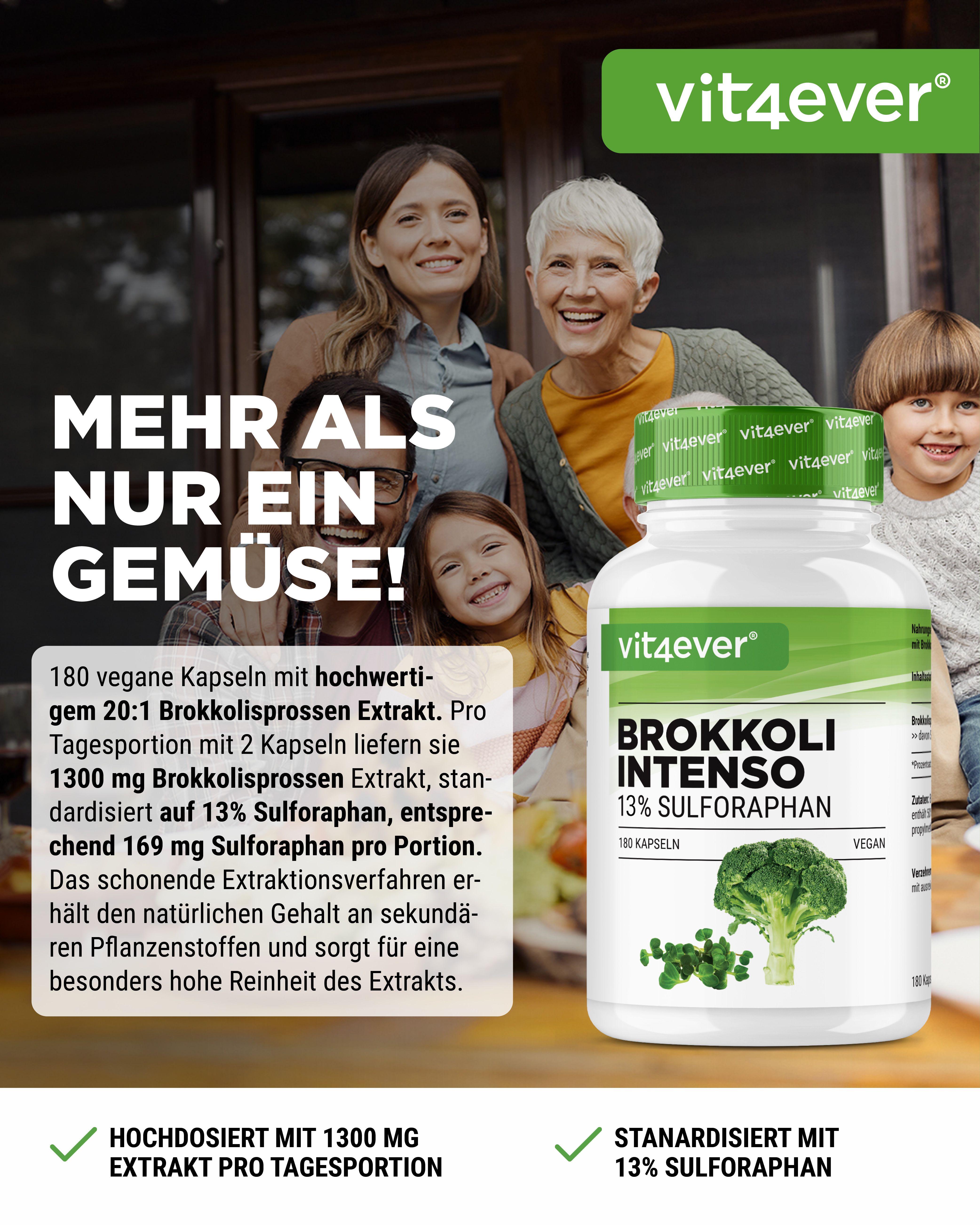 Brokkoli Extrakt Kapseln von vit4ever. Weiße Flasche mit grünem Deckel und Etikett. Text: Brokkoli Intenso 13% Sulforaphan.