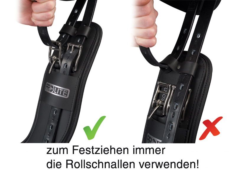 Vergleich von zwei Gurten. Links: Richtige Verwendung mit grünem Haken. Rechts: Falsche Verwendung mit rotem Kreuz. Text: "zum Festziehen immer die Rollschallen verwenden!"