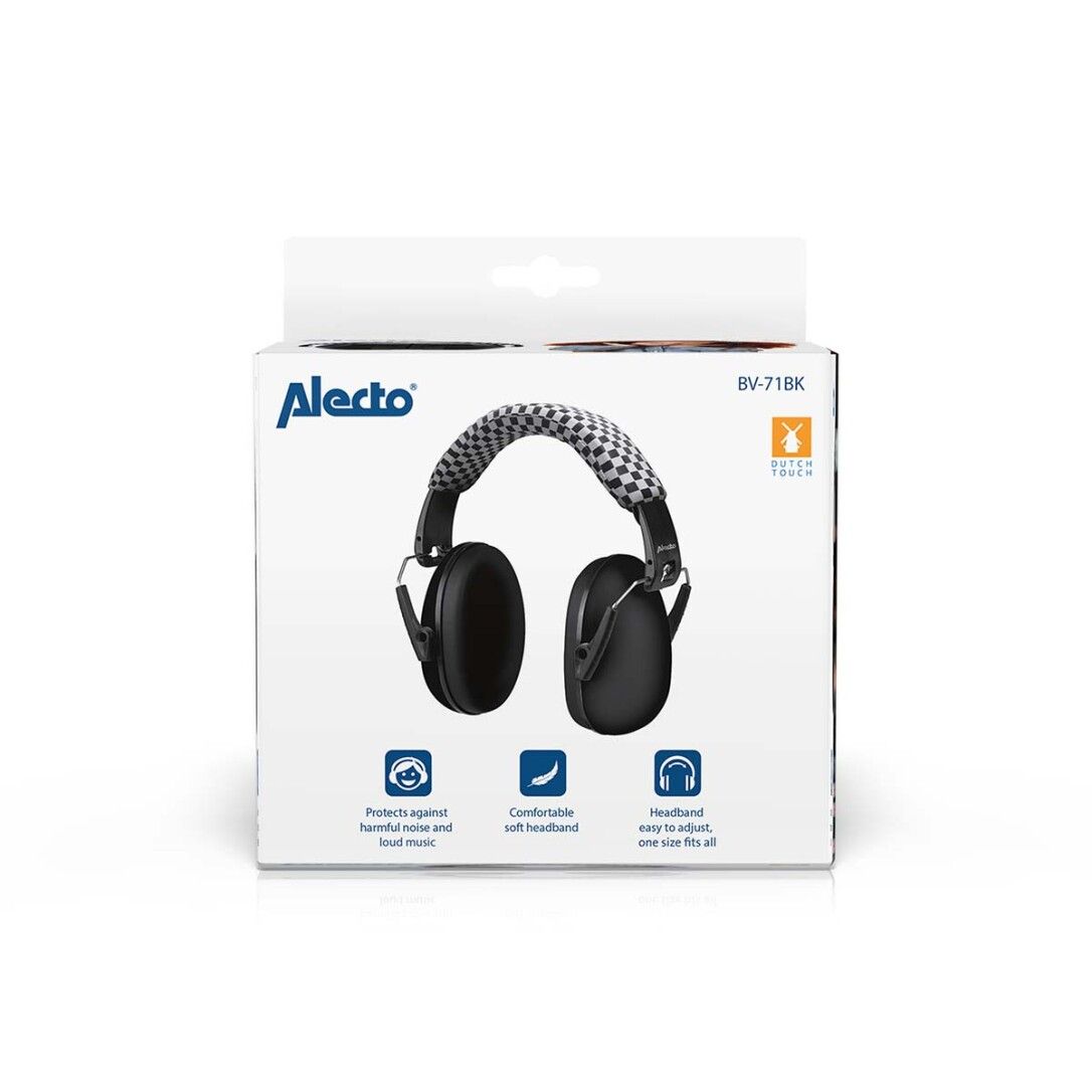 Gehörschutz für Babys und Kinder, in Verpackung. Schwarze Ohrmuscheln, kariertes Kopfband. Alecto-Logo.