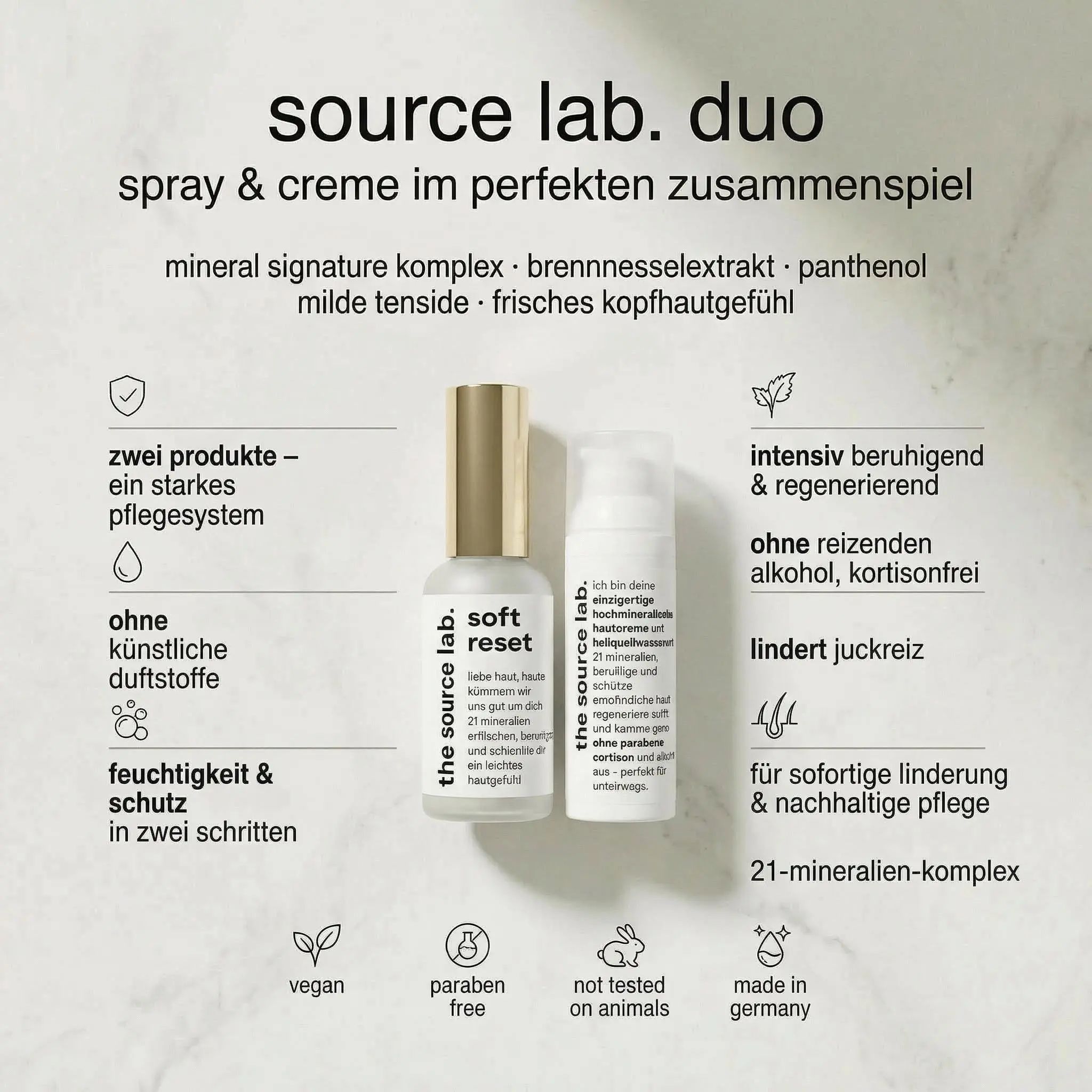 Zwei Flaschen: Spray und Creme. Text: Spray & Creme im perfekten Zusammenspiel. Ohne künstliche Duftstoffe, vegan, ohne Parabene.