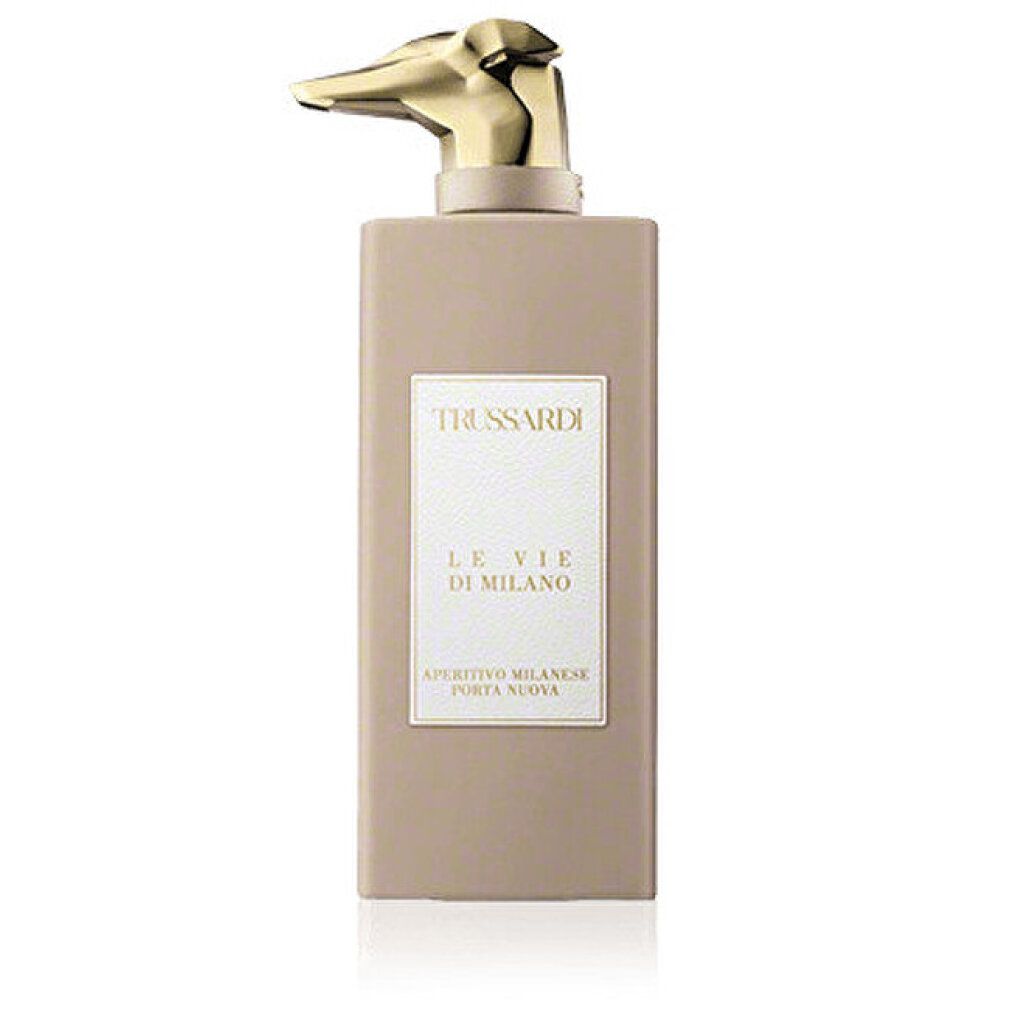 Trussardi Le Vie Di Milano Eau de Parfum Flakon mit goldenem Tierkopf-Verschluss, leichte Schrägansicht.