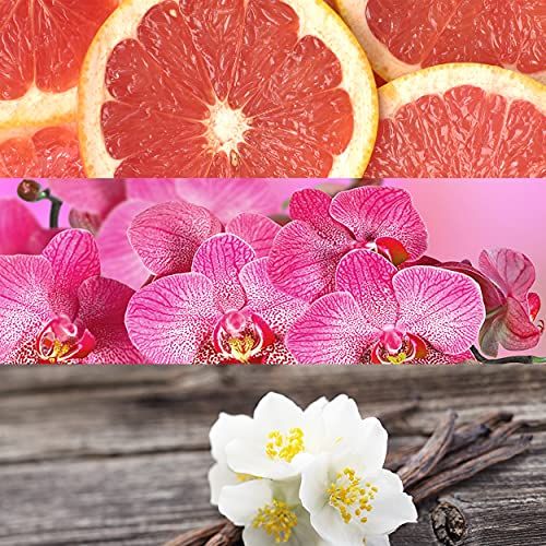 Collage: Grapefruit-Scheiben, pinke Orchideen und Jasminblüten mit Vanilleschoten.