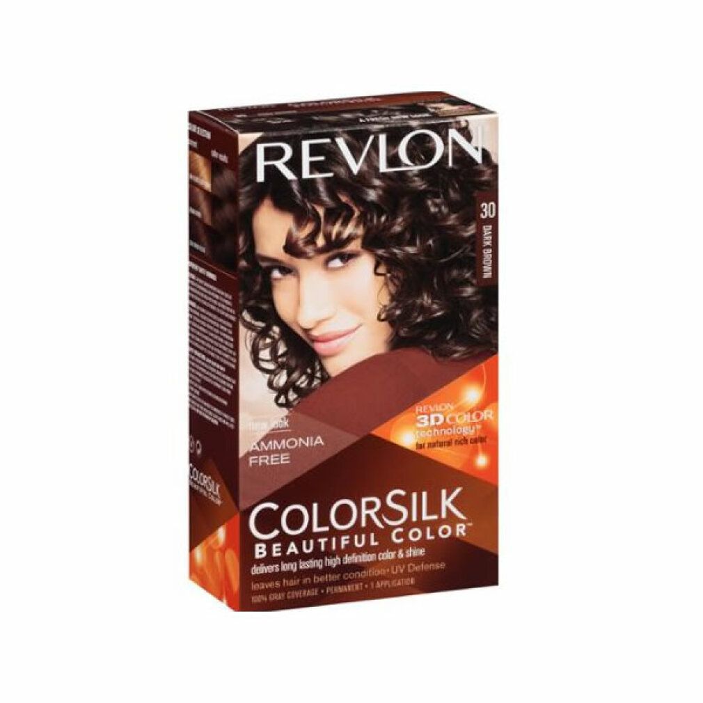 Haarfarbe-Box. Marke Revlon Colorsilk. Dunkelbraune Farbe. Enthält 3D Color Technologie. Ohne Ammoniak. Aufdruck: Beautiful Color.