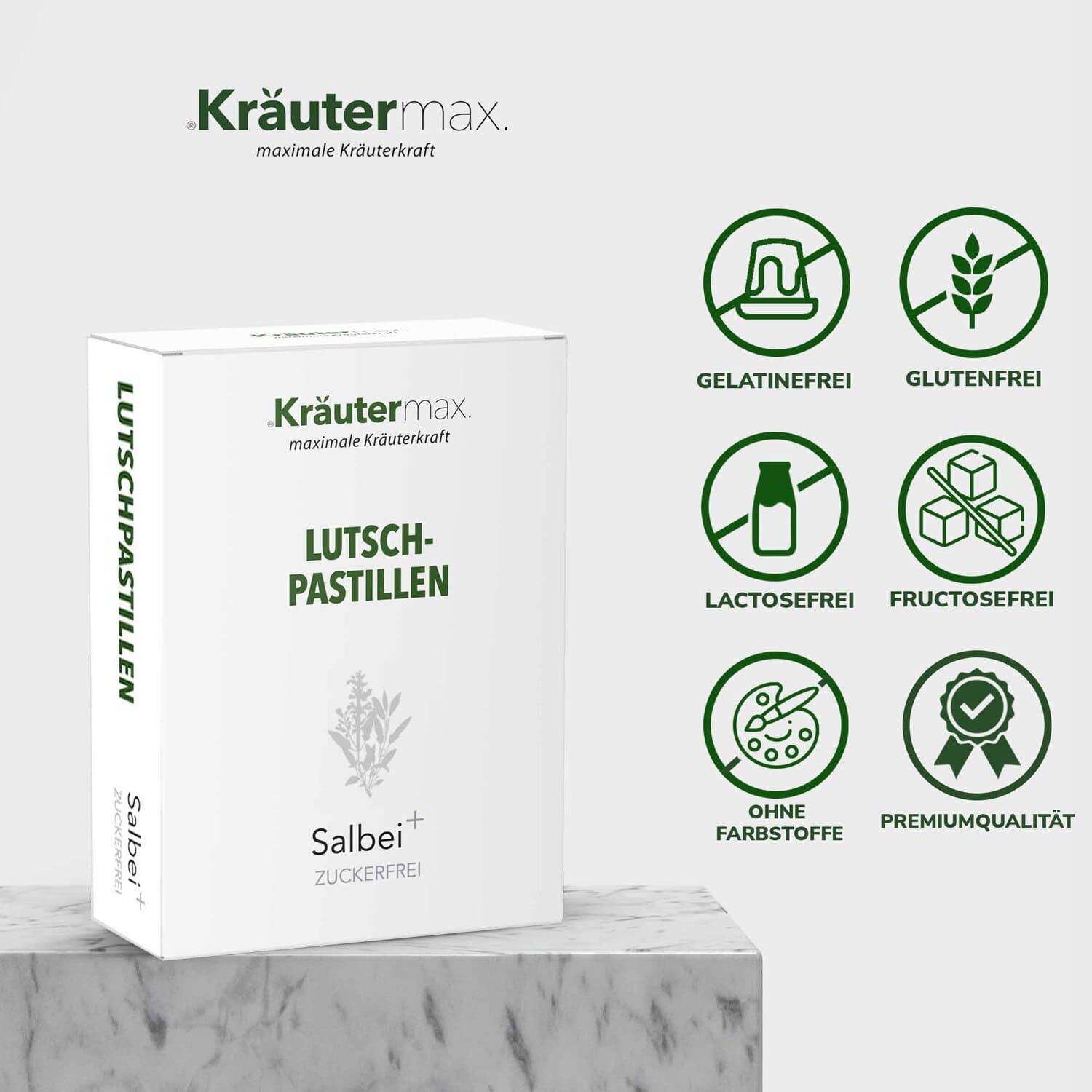 Weiße Schachtel Kräutermax Lutschpastillen Salbei plus Vitamin C. Symbole für Gelatinefrei, Glutenfrei, Lactosefrei, Fructosefrei.