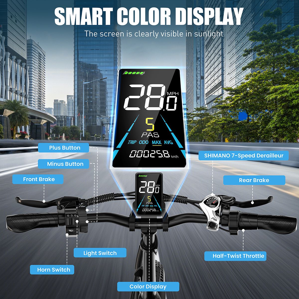 E-Bike-Display mit Geschwindigkeit 28MPH. Shimano 7-Gang-Schaltung. Plus- und Minustasten, Lichtschalter.