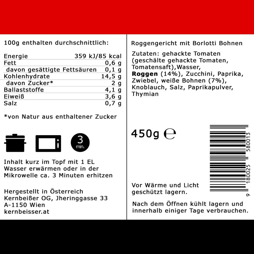 Nährwertangaben und Zutatenliste für Kernbeißer Vollkorngerichte Mediterran-Roggen mit Bohnen. 450g. Zubereitungshinweise.