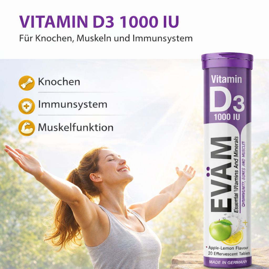 Frau mit erhobenen Armen neben Tube EVÄM Vitamin D3 Brausetabletten. Text: Für Knochen, Muskeln und Immunsystem. Äpfel und Zitrone.