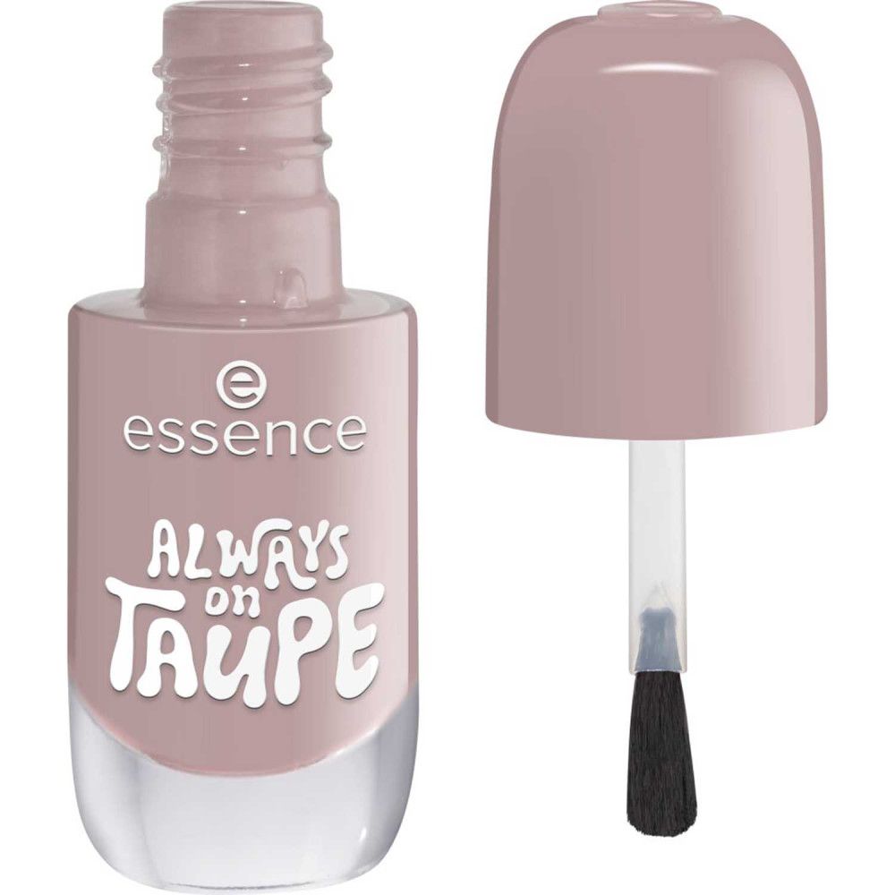 Nagellackflasche, geöffnet, mit Pinsel. Farbe: Taupe. Aufschrift: Always on Taupe. Marke: Essence.
