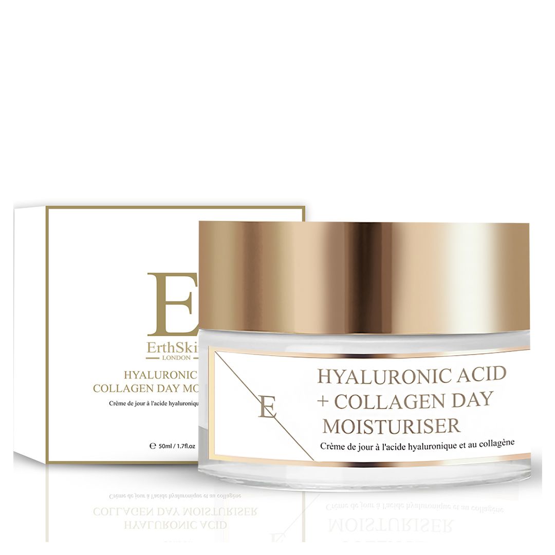 Glasbehälter mit goldfarbenem Deckel und Umverpackung. Beides mit 'ErthSkin London' und 'Hyaluronic Acid + Collagen Day Moisturiser'.