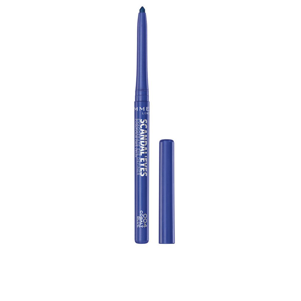 Blauer Kajalstift mit aufgeschraubtem Deckel. Beschriftung: Rimmel Scandal Eyes, 004 Cobalt Blue.