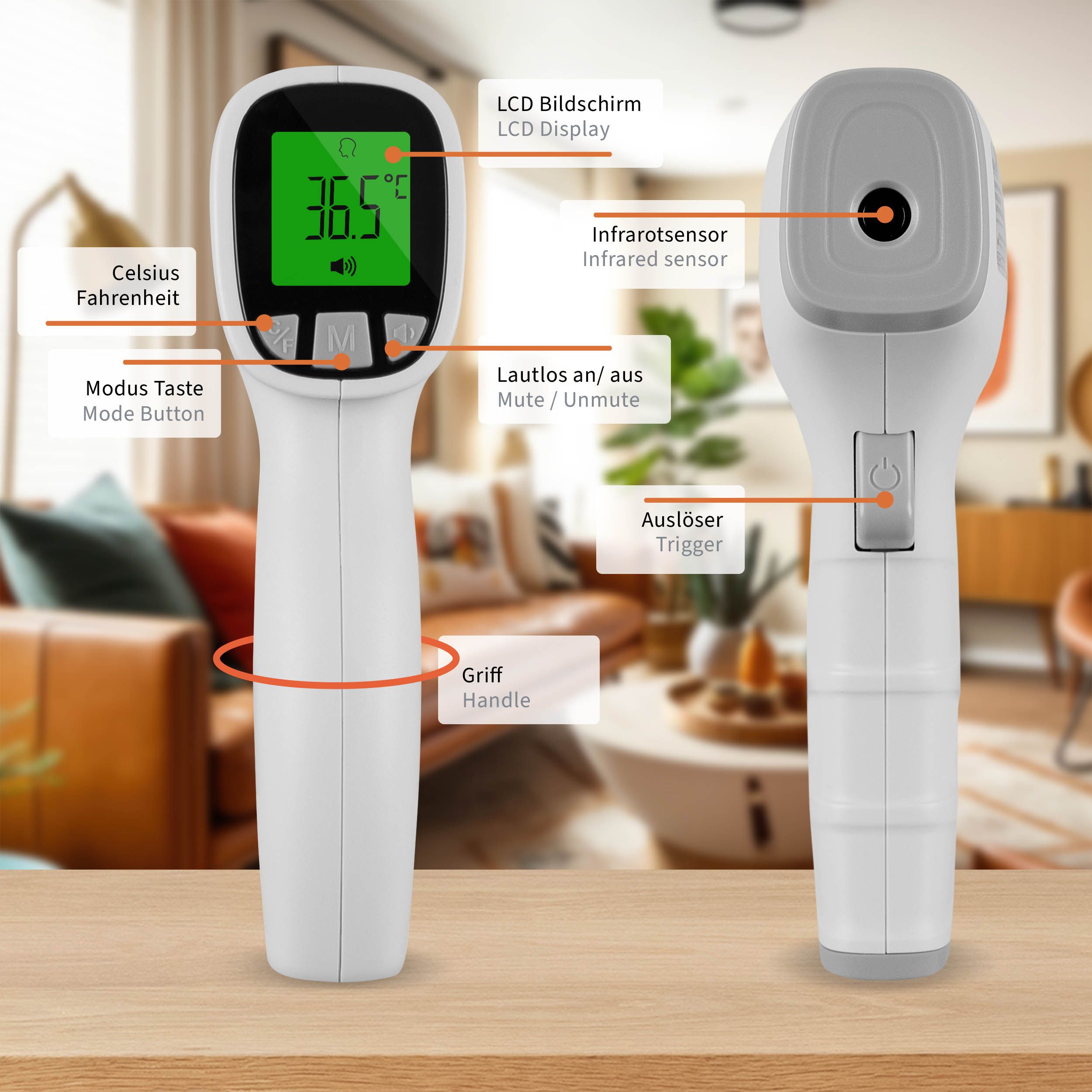Infrarot-Thermometer mit Beschriftungen für Display, Sensor, Griff und Auslöser.