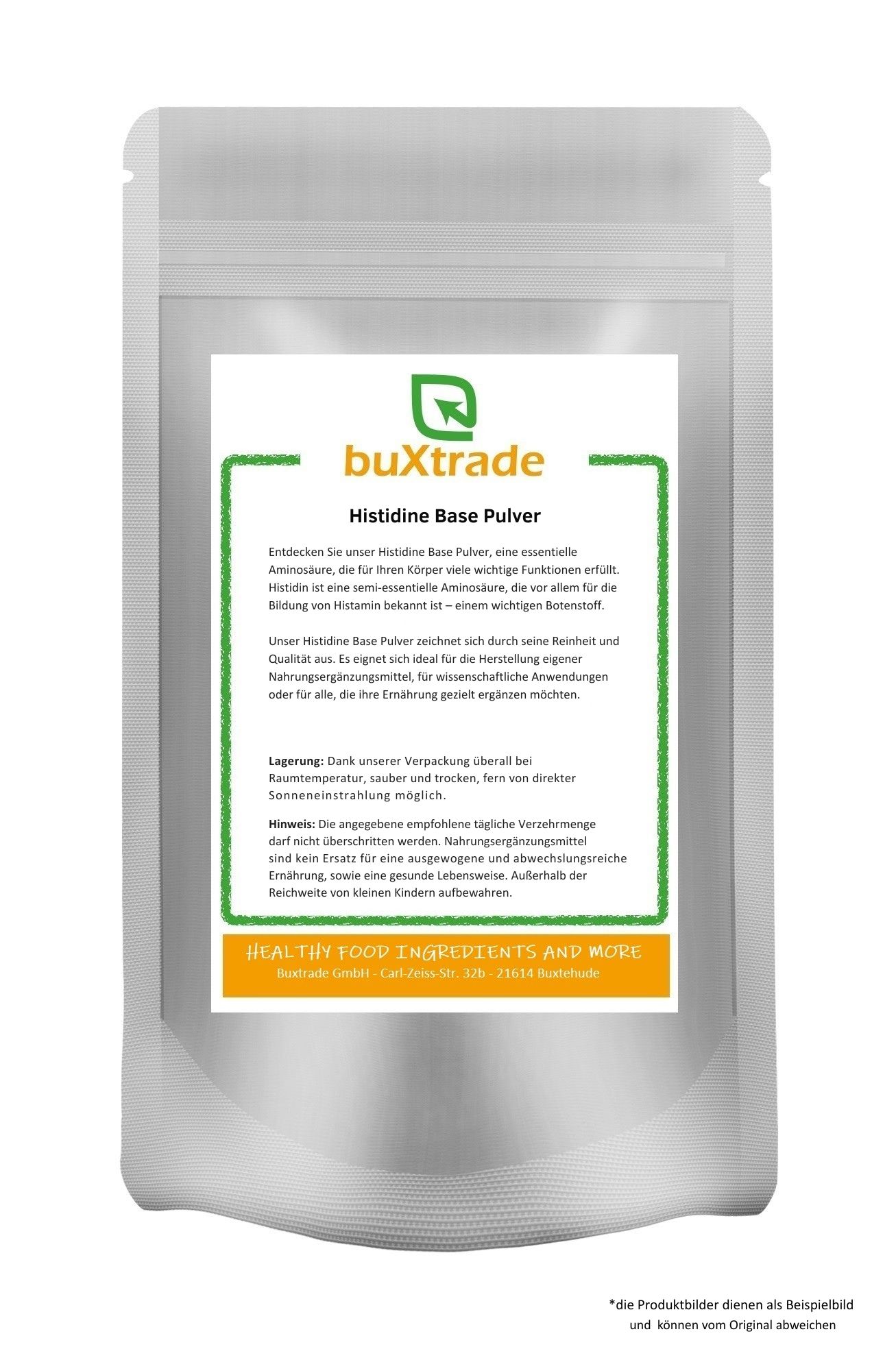 Weißer Beutel mit grünem Etikett. Aufschrift: Histidine Base Pulver. Text in deutscher Sprache. Marke: buXtrade. Orangefarbener Streifen mit Text.