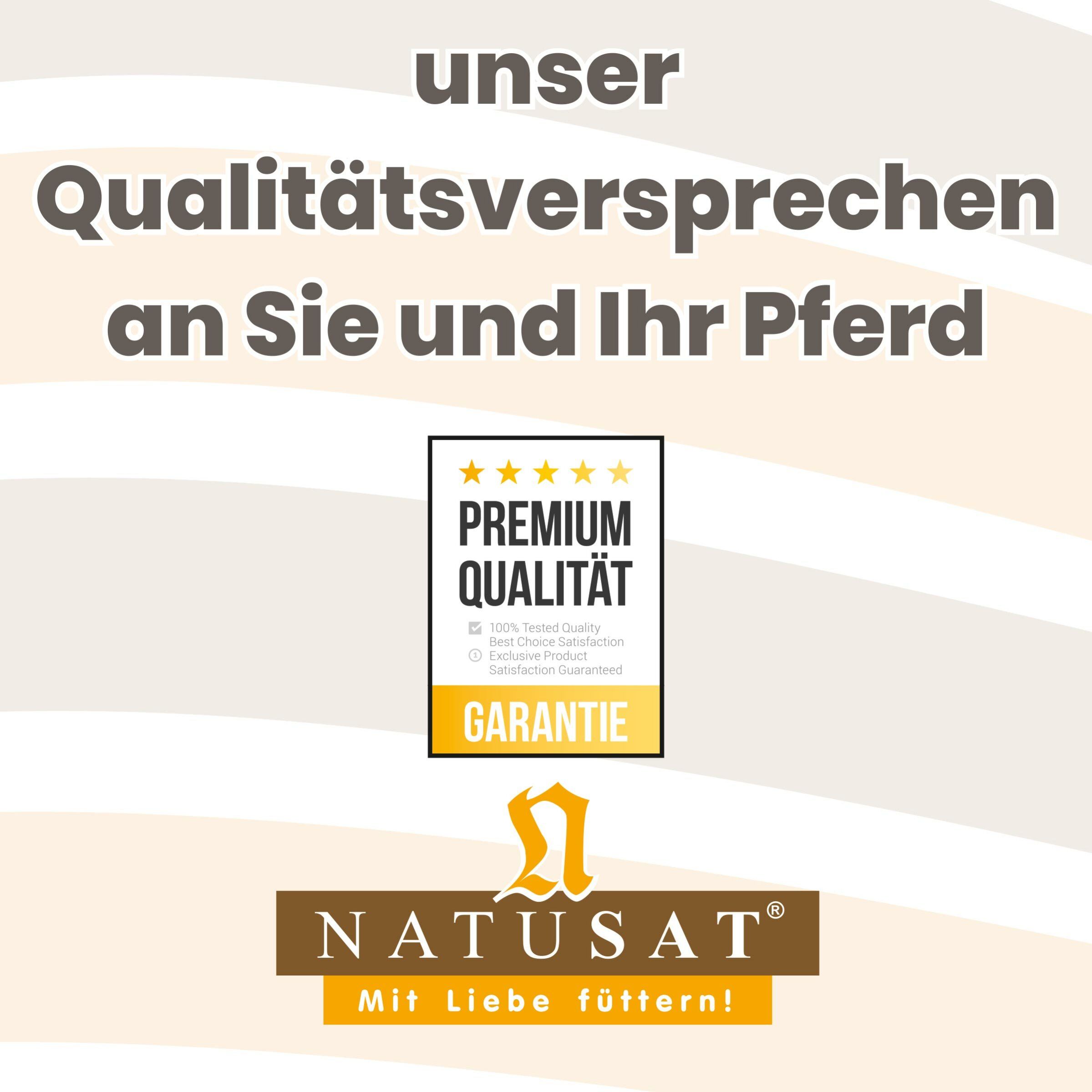 Text: Unser Qualitätsversprechen an Sie und Ihr Pferd. Premium Qualität, Garantie. Logo Natusat. Mit Liebe füttern!
