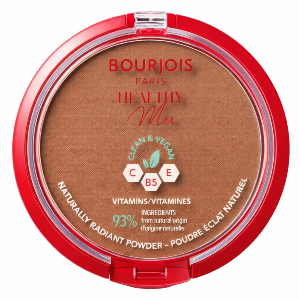 Runder, roter Behälter mit braunem Puder. Aufschrift: Bourjois Paris Healthy Mix, vegan, Vitamine, 93% Inhaltsstoffe natürlichen Ursprungs.
