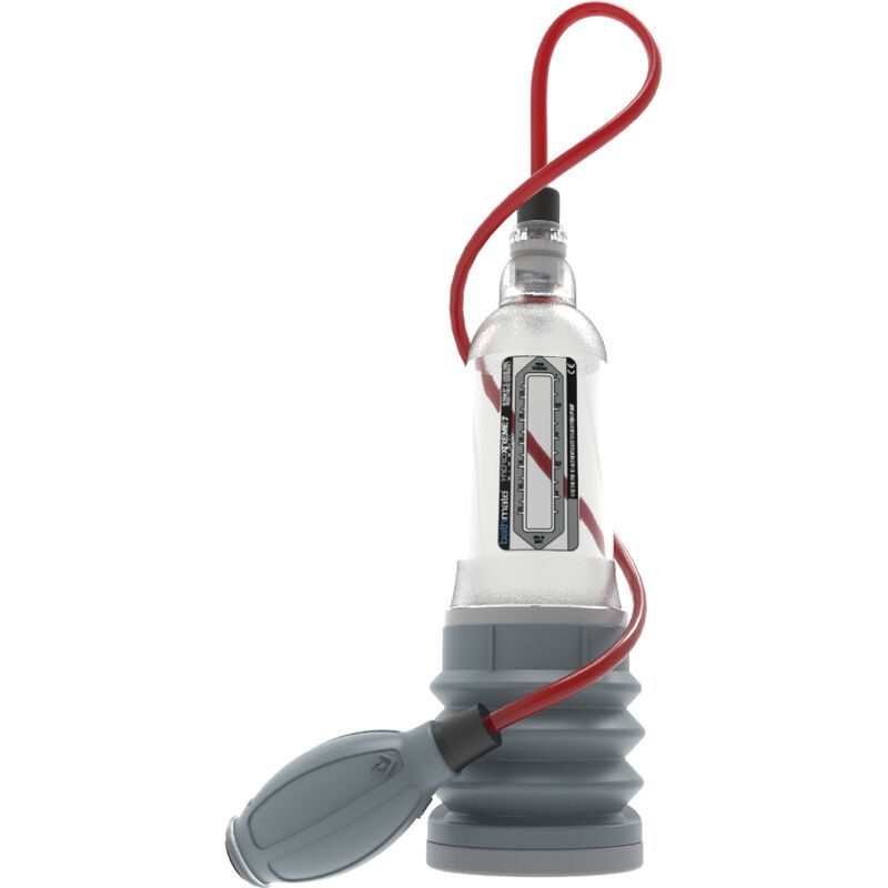 Transparente Pumpe mit grauem Sockel und rotem Schlauch. Enthält eine Messskala und einen grauen Pumpball.