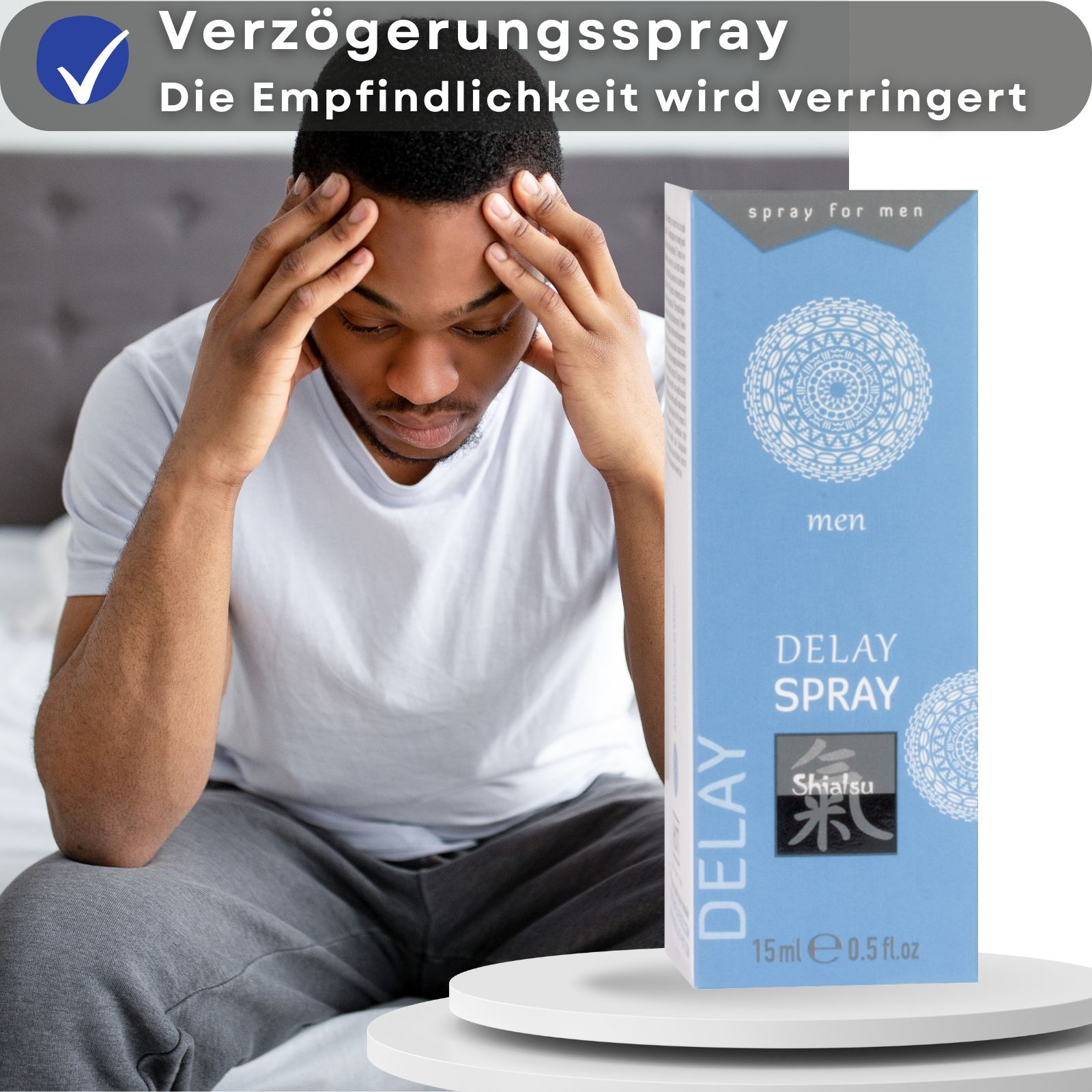 Produktverpackung und Sprühflasche. Text: DELAY SPRAY, Shiatsu. 15ml. Für Männer. Hintergrund: Mann.