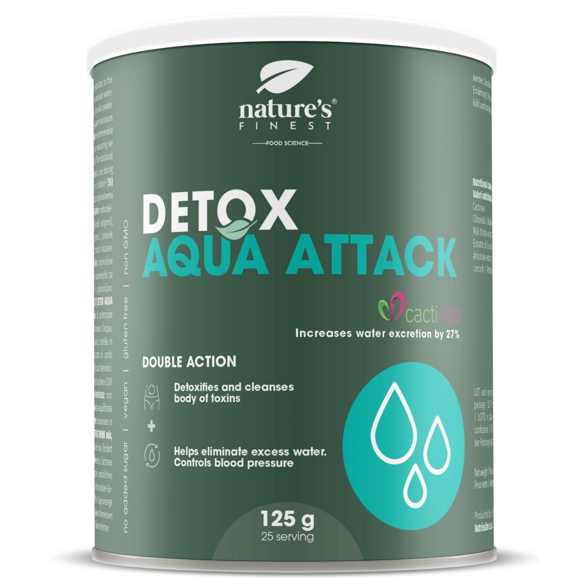 Dose mit Produktaufschrift 'Detox Aqua Attack'. Grün-weißes Design, Text: 'Nature's Finest'. Enthält 125g, 25 Portionen.