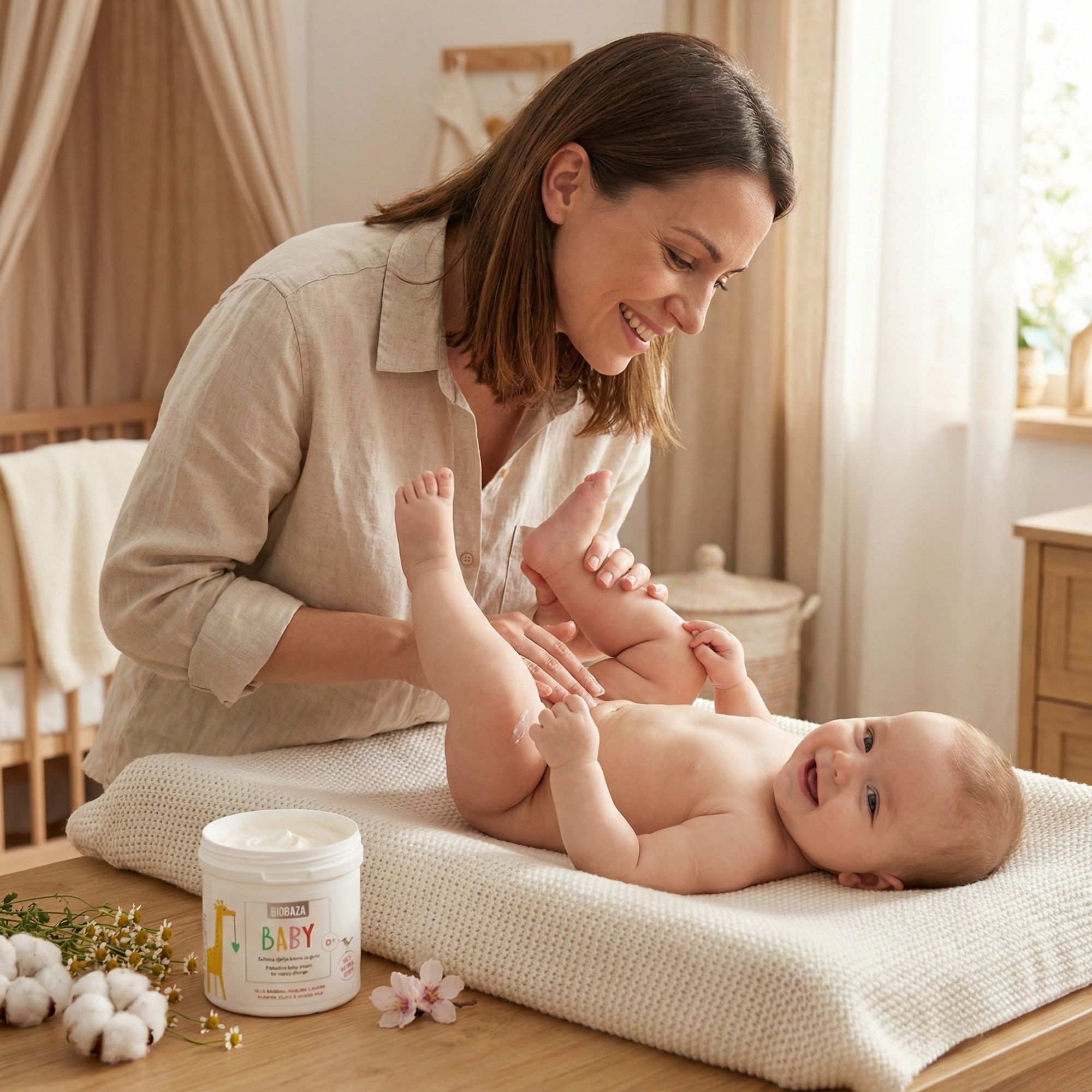 Frau mit Baby. Baby liegt auf Wickelunterlage. Auf dem Tisch steht ein Tiegel mit BIOBAZA BABY. Baby wird gewickelt.