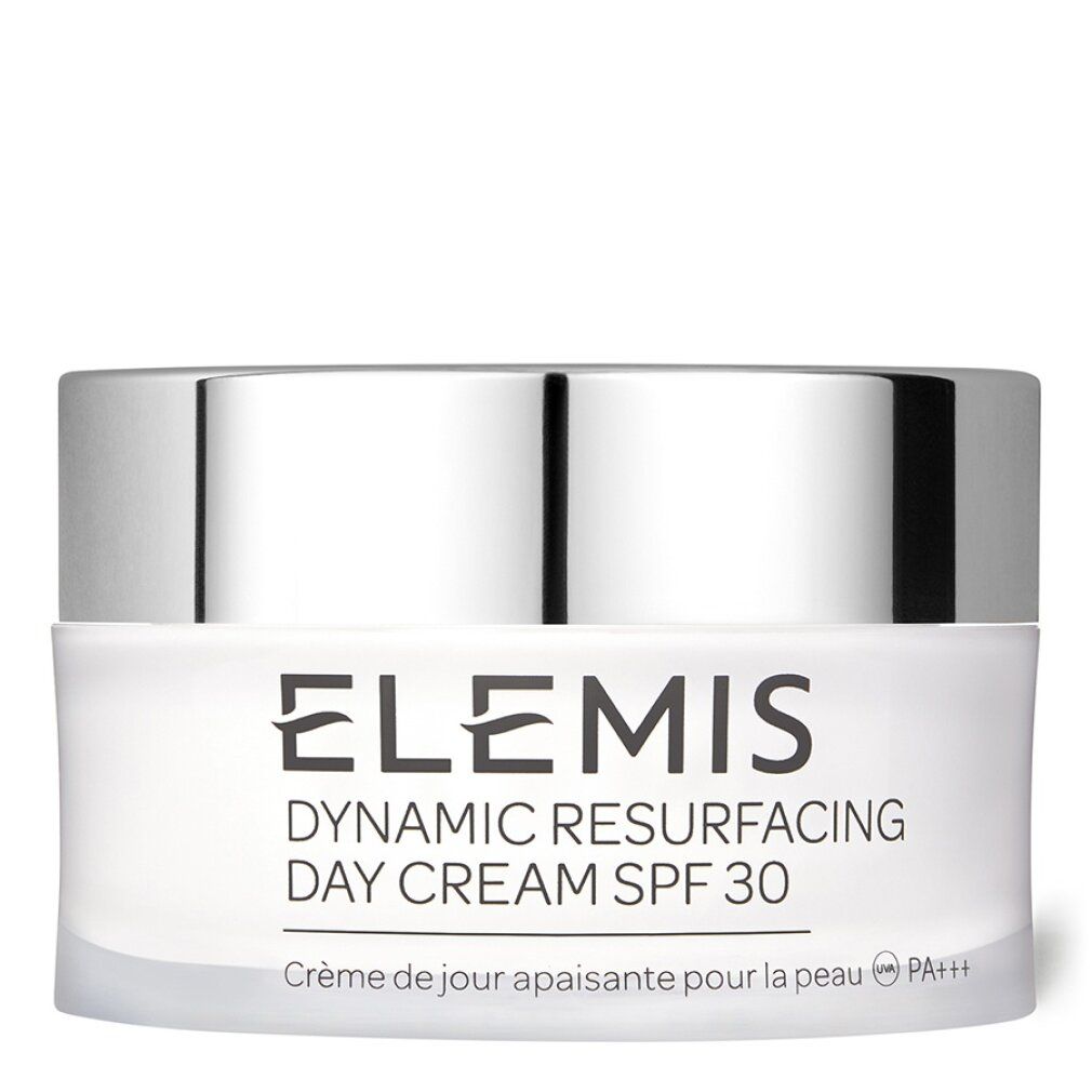 Cremebehälter mit silbernem Deckel. Aufschrift: Elemis Dynamic Resurfacing Day Cream SPF 30. Französisch: Crème de jour apaisante pour la peau.