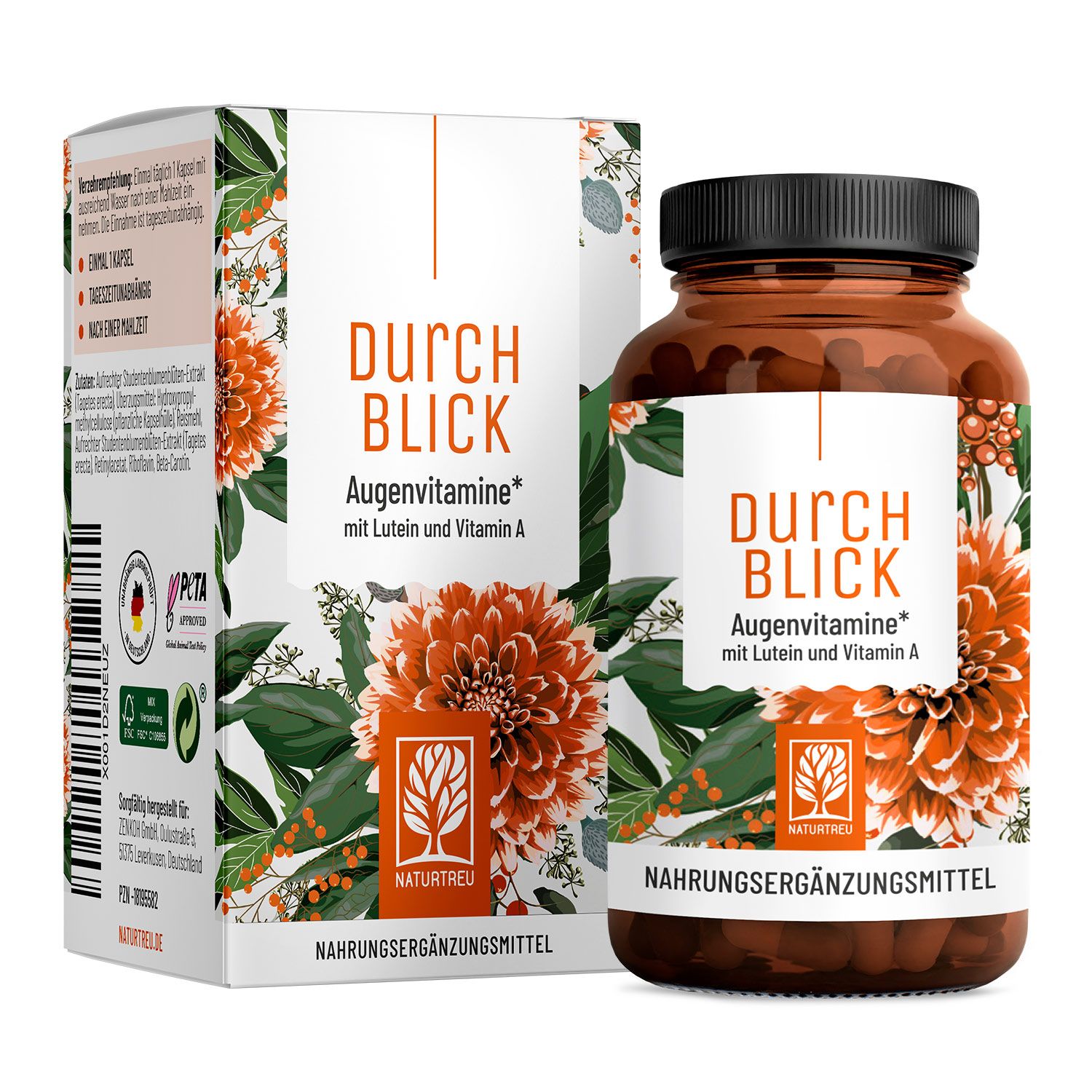 Braune Flasche und Schachtel mit Aufschrift "DURCHBLICK Augenvitamine". Blüten-Dekor. NATURTREU® Logo. PETA-Siegel.