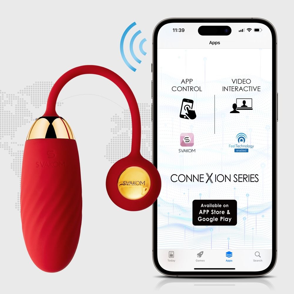 SVAKOM Ella Neo und Smartphone. App-Steuerung und Video-Interaktion. App Store und Google Play.