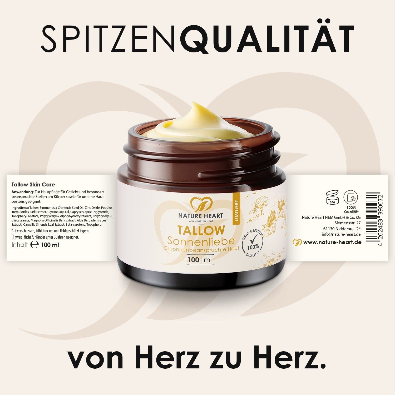 Braune Tiegel mit gelblicher Creme. Aufschrift: Tallow Sonnenliebe, Nature Heart. Text: Tallow Skin Care, Inhalt 100 ml.