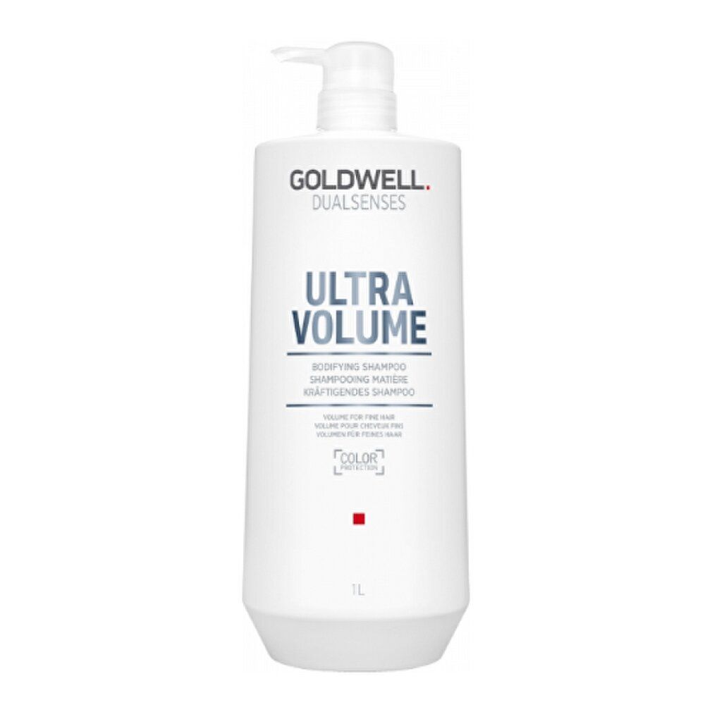 Weißes Shampoo-Flakon mit Pumpe, Goldwell-Logo und „Ultra Volume“-Schriftzug. 1L. Bodifying Shampoo.