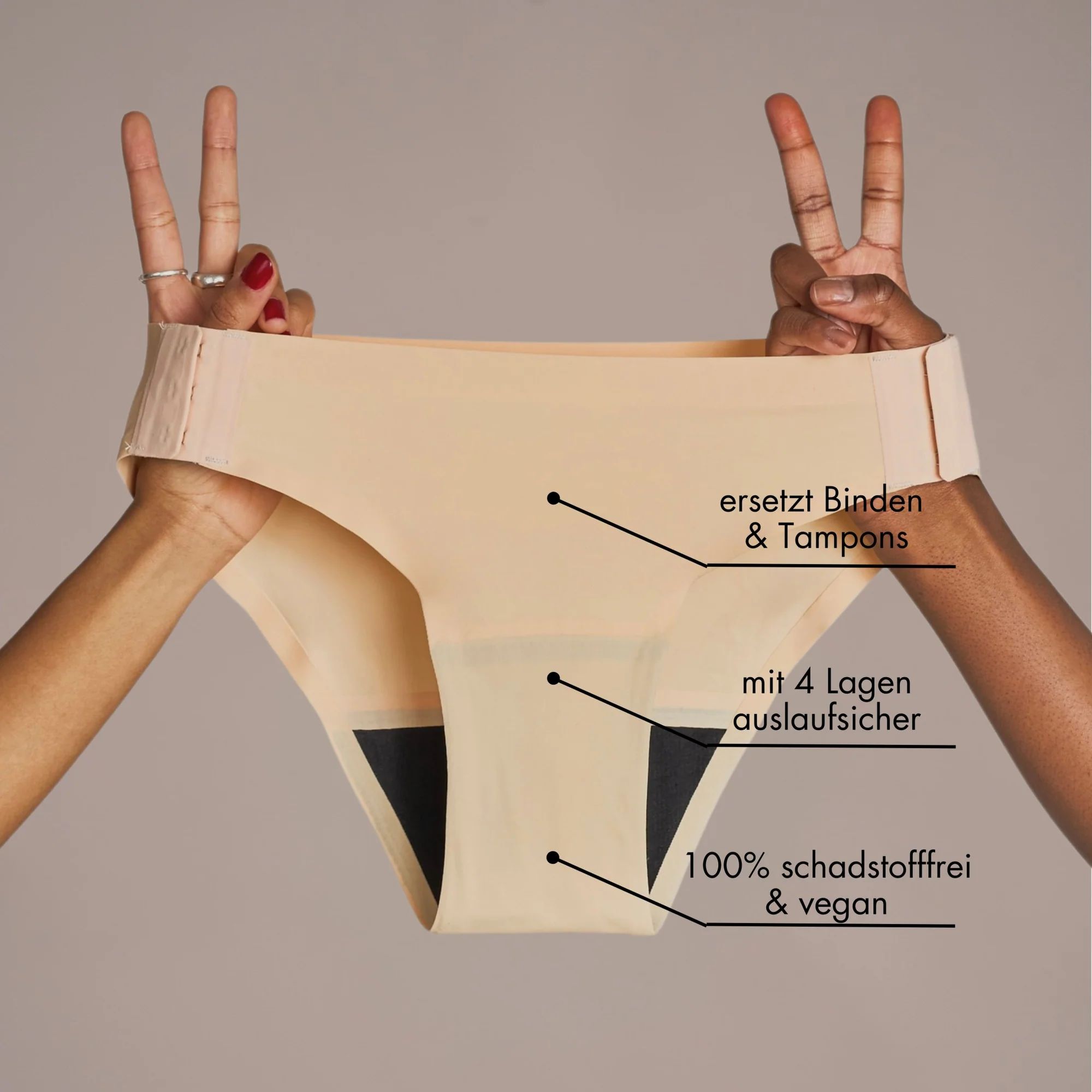 Hautfarbener Slip. Text: Ersetzt Binden & Tampons, mit 4 Lagen auslaufsicher, 100% schadstofffrei & vegan.