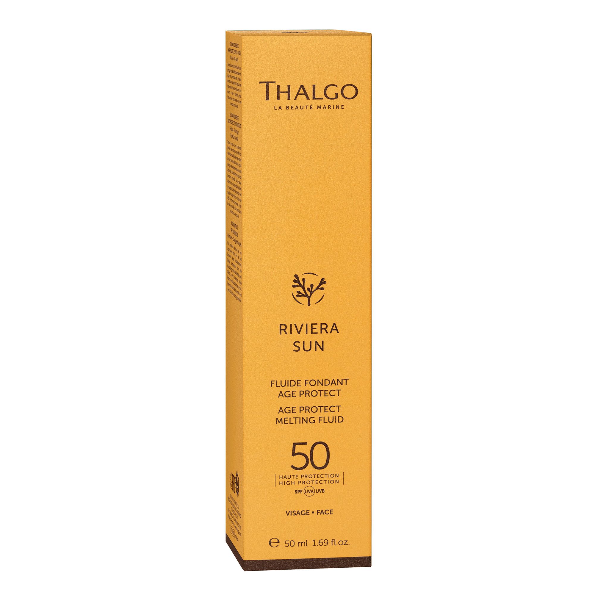 Gelbe Verpackung mit THALGO-Logo und Riviera Sun. Enthält Age Protect Melting Fluid LSF 50. Aufschrift: Visage/Face.