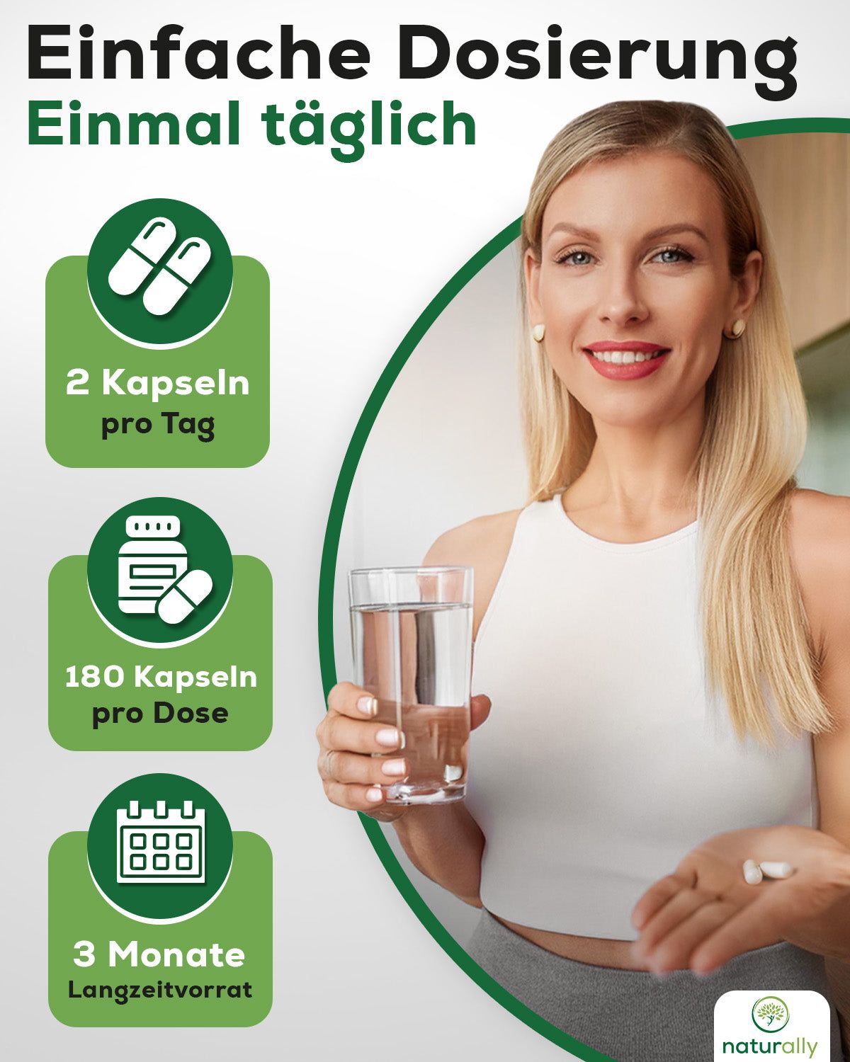 Frau mit Glas Wasser und Kapseln. Text: 2 Kapseln pro Tag, 180 Kapseln pro Dose, 3 Monate Vorrat.