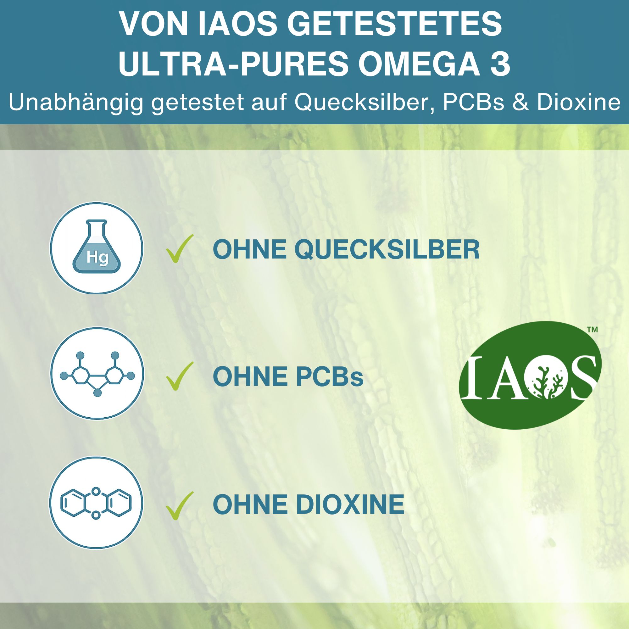 Flasche mit Omega-3-Kapseln. Enthält DHA, EPA und Astaxanthin. Hergestellt in GB.