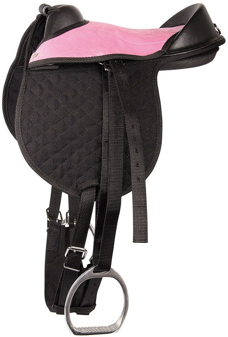 Reitkissen Bambino, schwarz mit pinkfarbener Sitzfläche. Steigbügel und Gurte. Gepolsterte, gesteppte Oberfläche.