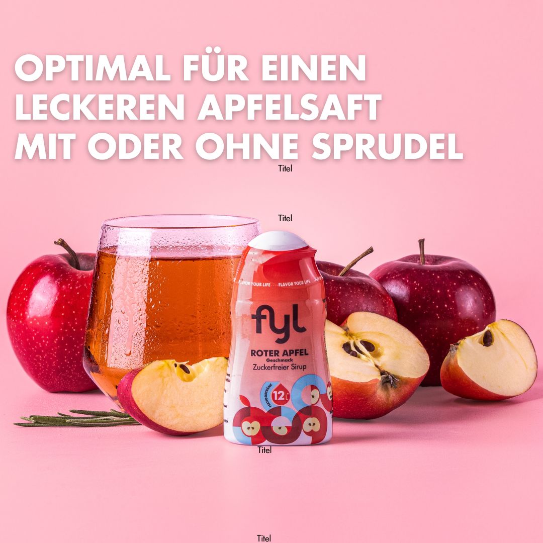 Roter Apfel Sirup, Glas mit Getränk, Äpfel. Flasche mit "fyl" Logo und "Roter Apfel" Text.