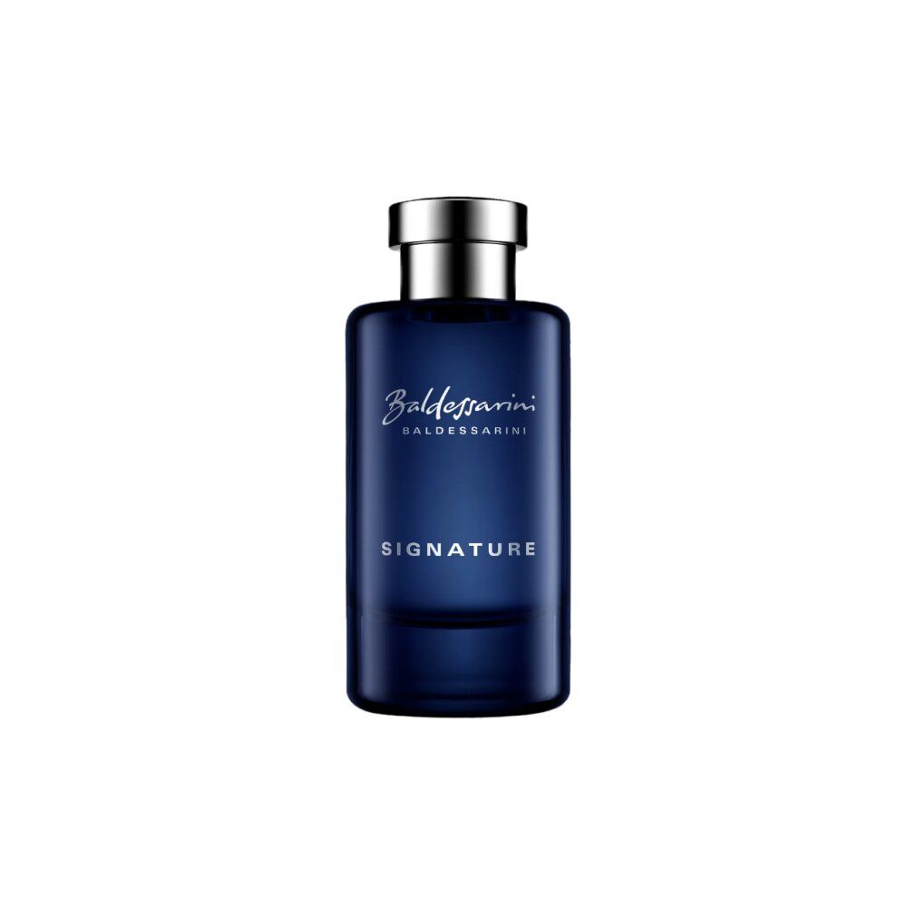 Dunkelblaue Flasche mit silbernem Verschluss. Aufschrift: Baldessarini Signature. Eau de Toilette.