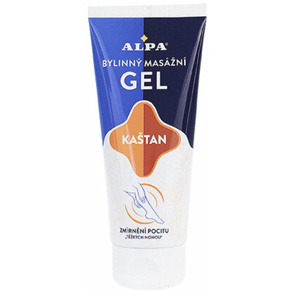 Tube mit Massage-Gel. Blaue und braune Farbgebung. Aufschrift: ALPA, Bylinný masážní GEL, KASTAN. Illustration eines Fußes.
