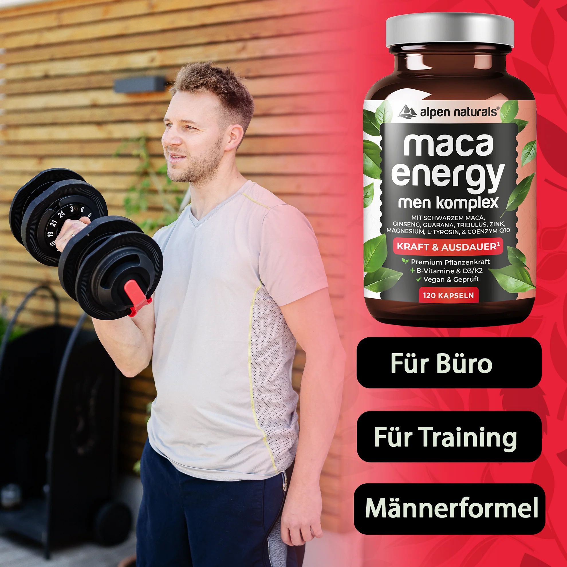 Mann mit Hantel neben Produktflasche. Aufschrift: Maca Energy Men Komplex. Text: Für Büro, Training, Männerformel.