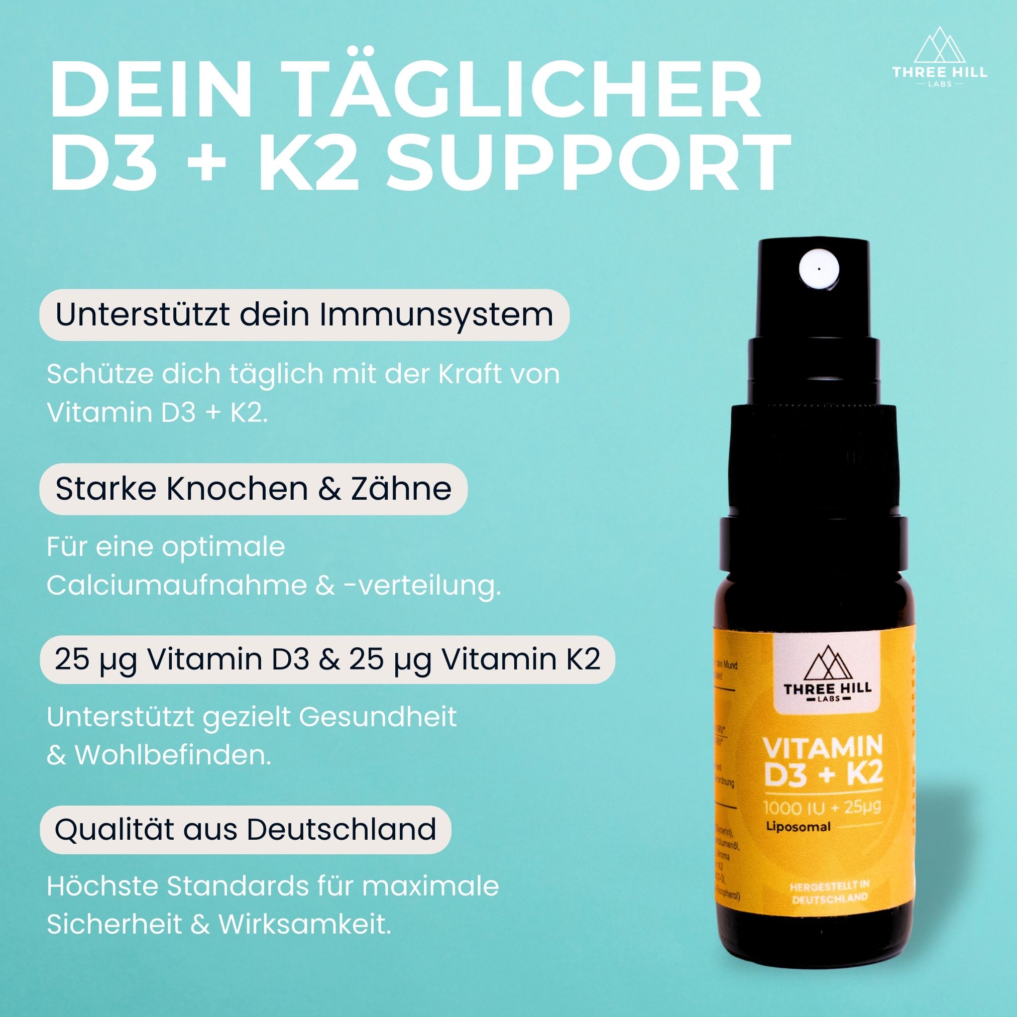 Braune Sprühflasche mit gelbem Etikett. Text: Dein täglicher D3 + K2 Support. Unterstützt Immunsystem, Knochen & Zähne.