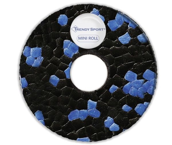 Endansicht einer Faszienrolle. Schwarzer Schaumstoff mit blauen Punkten. Zentrales Loch. Aufkleber mit Logo und 'Mini Roll'.